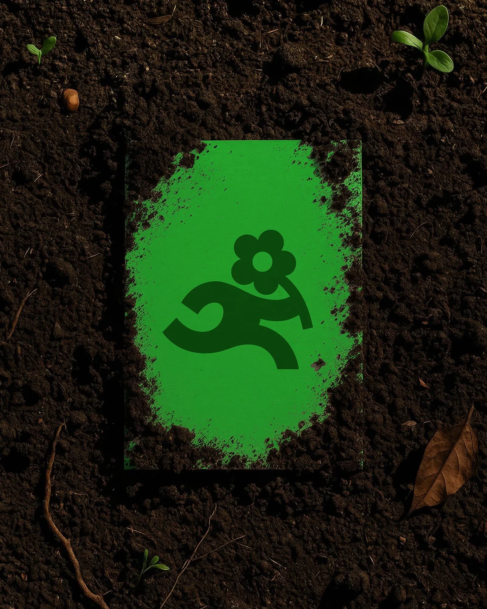 Logotipo verde de un niño que salta con una flor, sobre un rectángulo de tierra negra