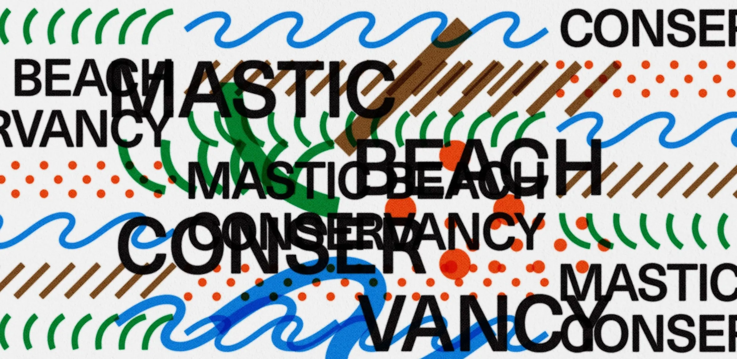 Identidad de Mastic Beach Conservancy: las palabras del nombre en letras negras repetidas y superpuestas sobre ondas azules, arcos verdes, rayas marrones y puntos naranjas