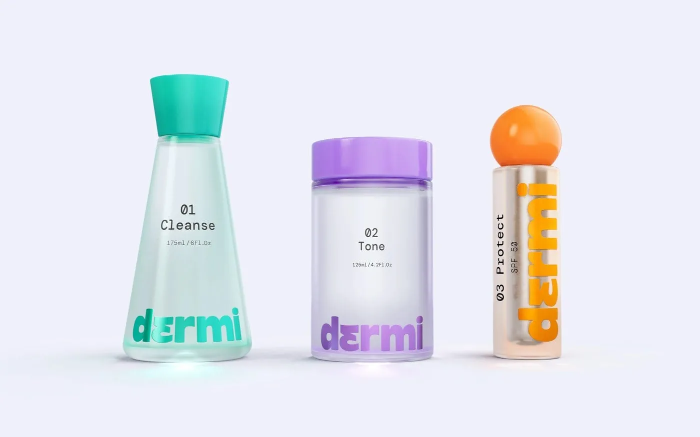 Tres envases de Dermi sobre fondo claro: matraz con tapón verde azulado, bote esmerilado morado y frasco con bola naranja