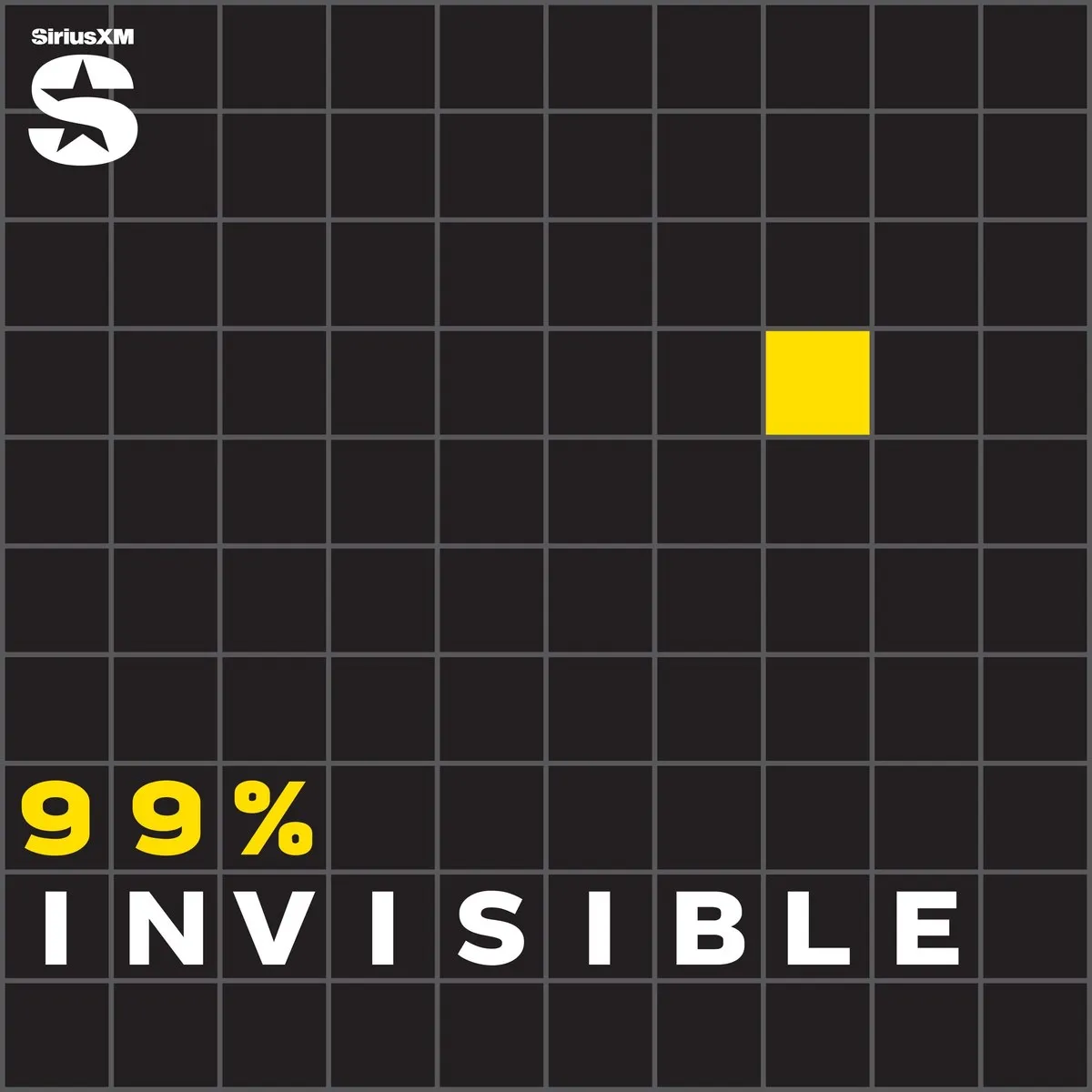 Portada de 99% Invisible: cuadrícula gris oscura con un cuadrado amarillo y el título en blanco y amarillo