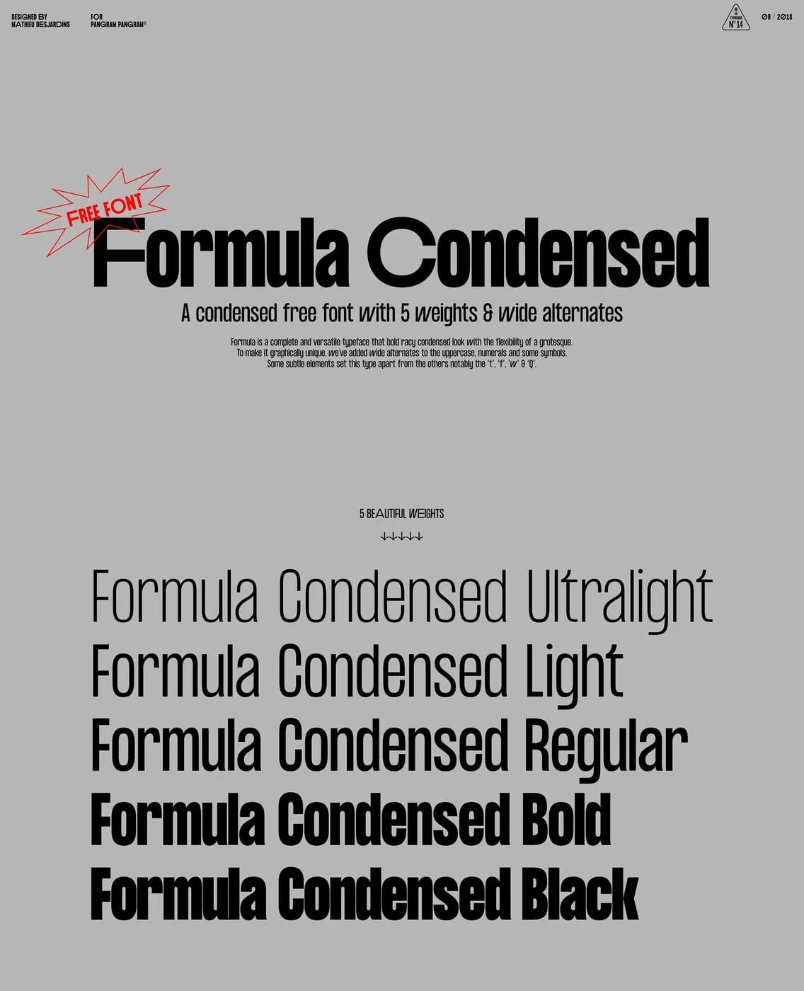 La palabra Formula Condensed en negro sobre fondo gris, con la lista de sus cinco pesos de Ultralight a Black
