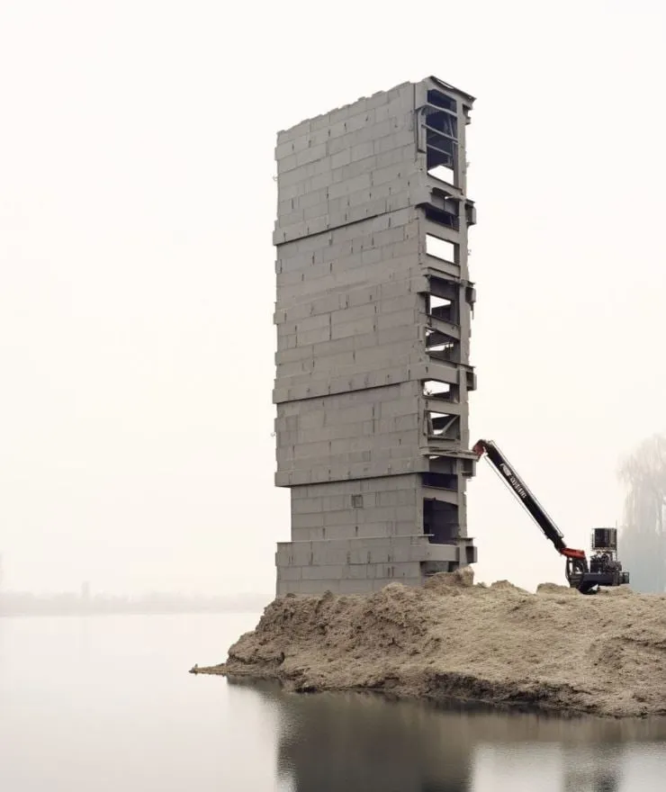 Torre estrecha de bloques de hormigón sobre un montículo de arena a la orilla de un lago en calma, con una excavadora roja apoyada en ella y niebla al fondo