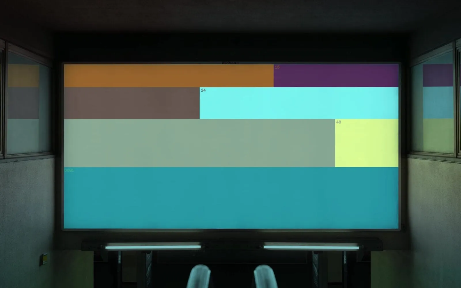 Pantalla rectangular con franjas horizontales de color naranja, morado, turquesa y verde lima con números pequeños