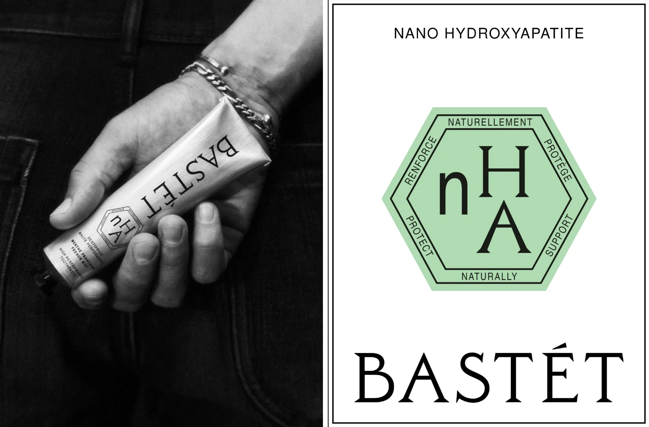 A la izquierda una mano con pulsera de cadena sostiene el tubo de Bastét sobre un fondo de vaquero oscuro; a la derecha el sello hexagonal verde con las siglas nHA y el logotipo BASTÉT