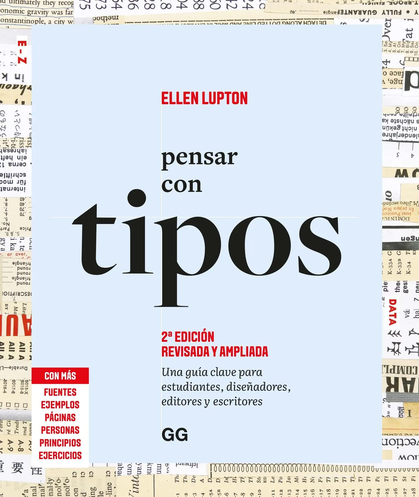 Cubierta de Pensar con tipos con el título en letras serif negras sobre un cuadro azul claro y un collage de recortes de papel