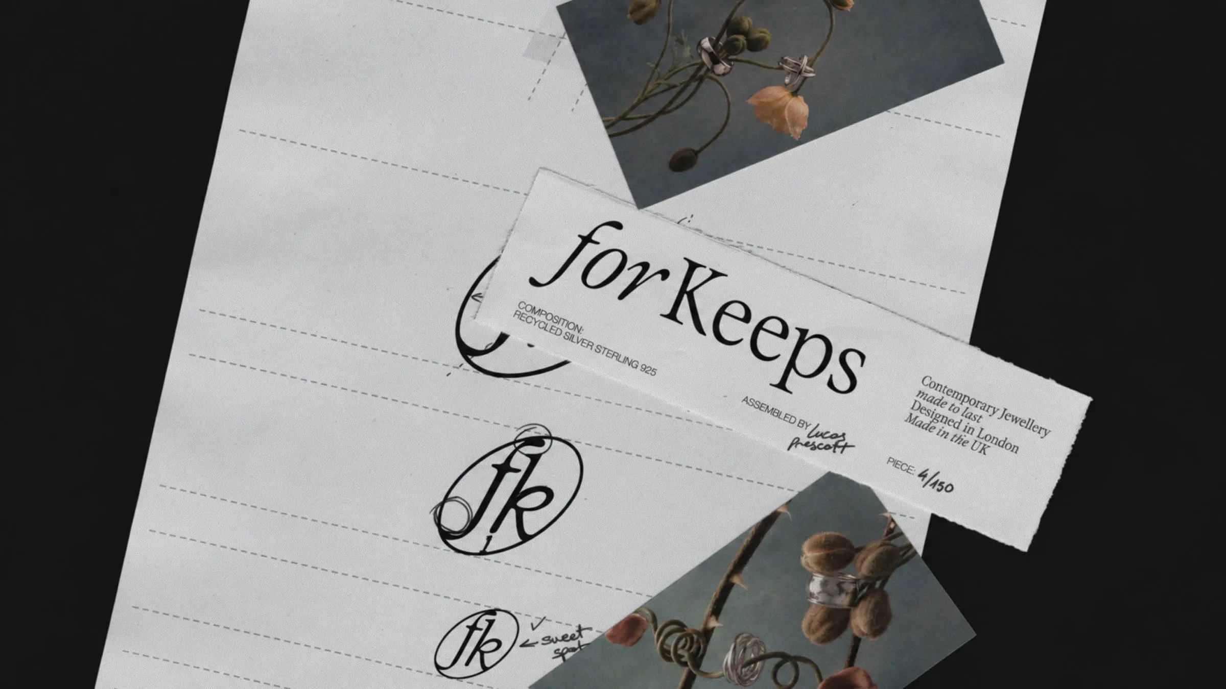 Logotipo de For Keeps con la «for» en cursiva sobre papel, junto a un boceto del monograma fk marcado con «sweet spot» y una etiqueta con la pieza 4/150