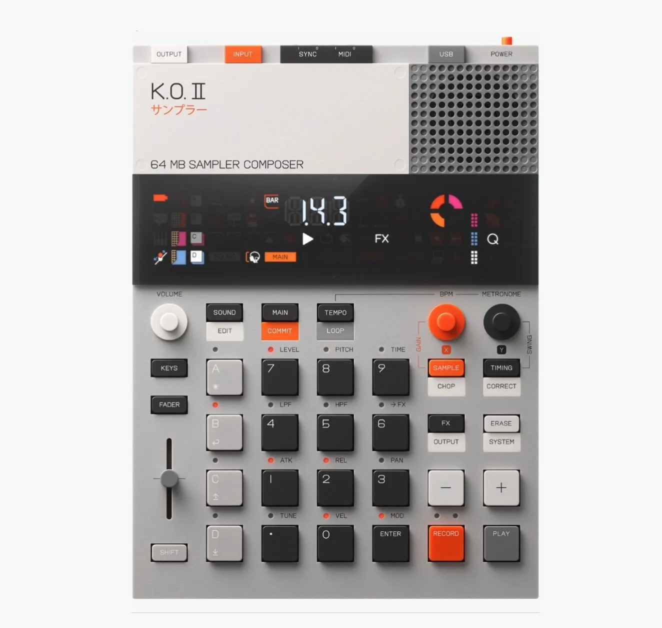 Vista cenital del EP-133 K.O. II: carcasa gris claro con un altavoz perforado, una pantalla negra con iconos de colores, teclas numeradas como las de una calculadora y botones naranjas