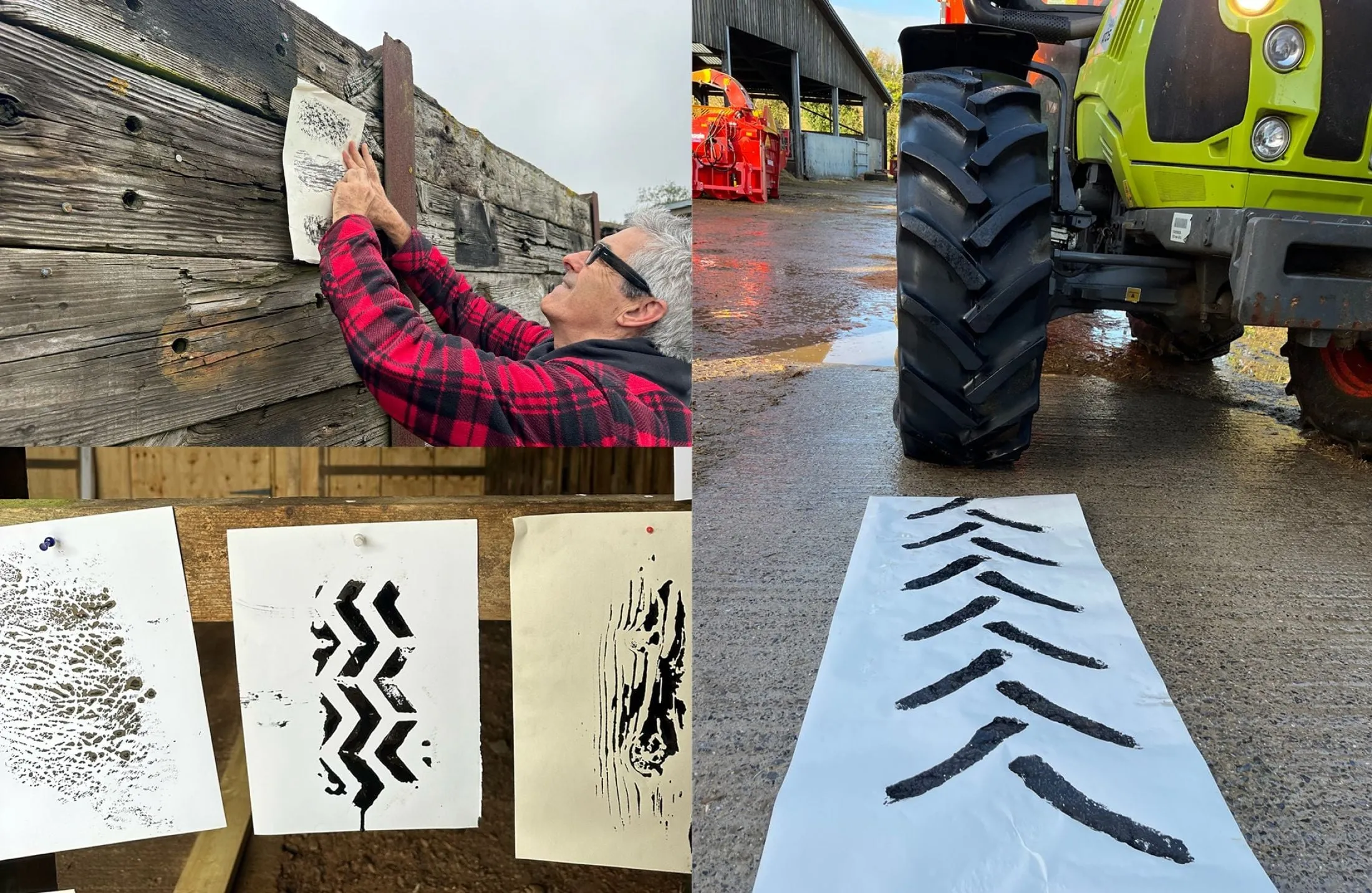 Un hombre con camisa de cuadros frota con papel un poste de madera y, debajo, tres pruebas de textura en blanco y negro; a la derecha, un tractor junto a una tira de papel con huellas negras de neumático