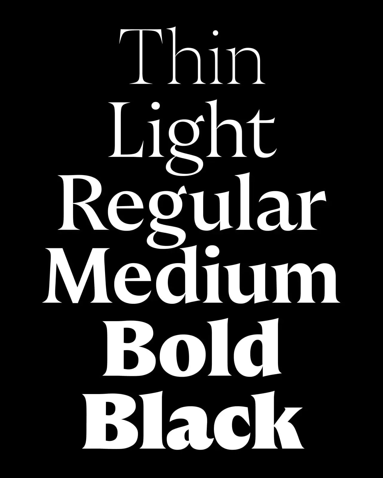 Las palabras Thin, Light, Regular, Medium, Bold y Black escritas cada una con su propio peso de Castillon, en blanco sobre un fondo negro