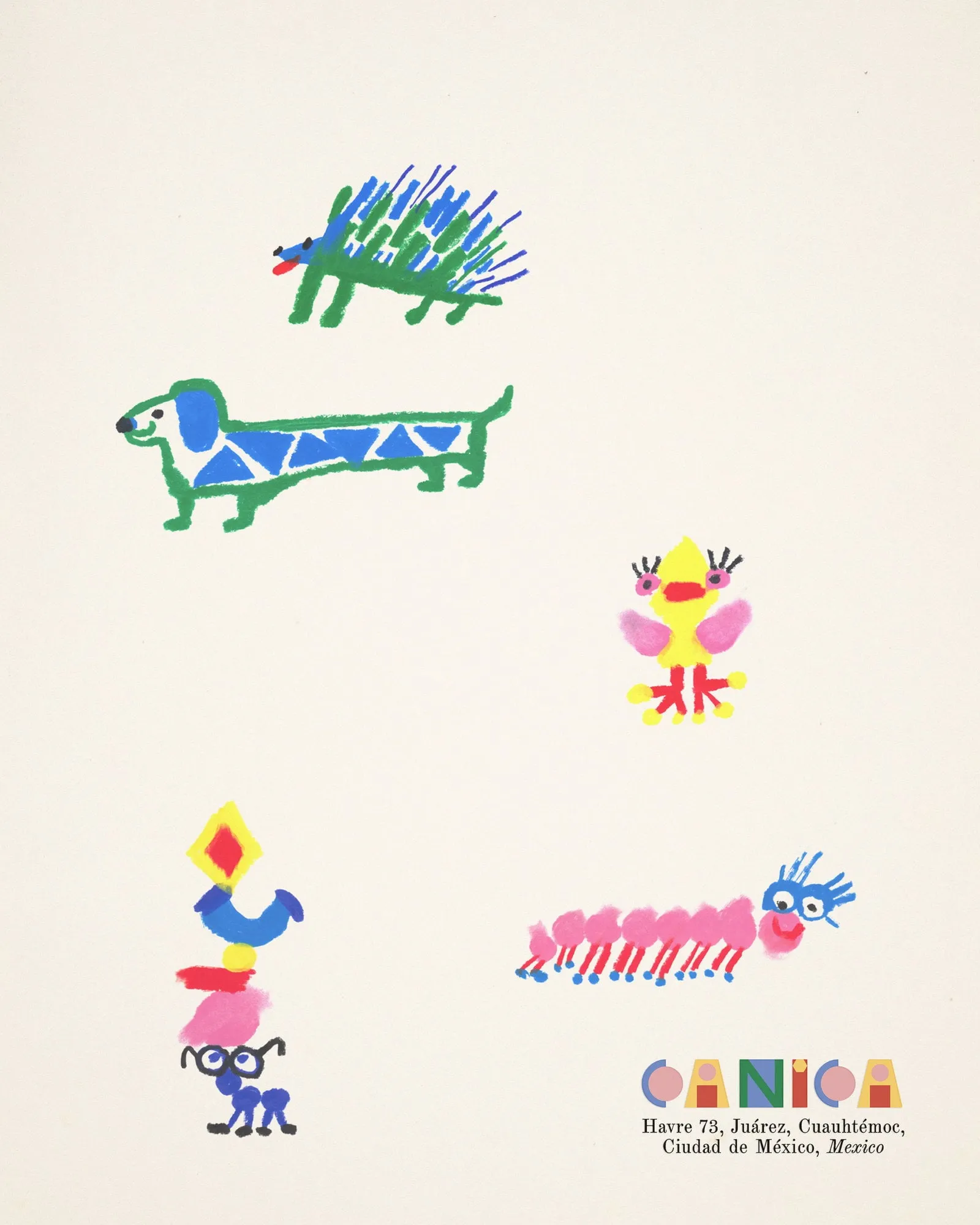 Tres animales dibujados a mano, un puercoespín, un perro salchicha y una oruga, junto al logotipo de Canica