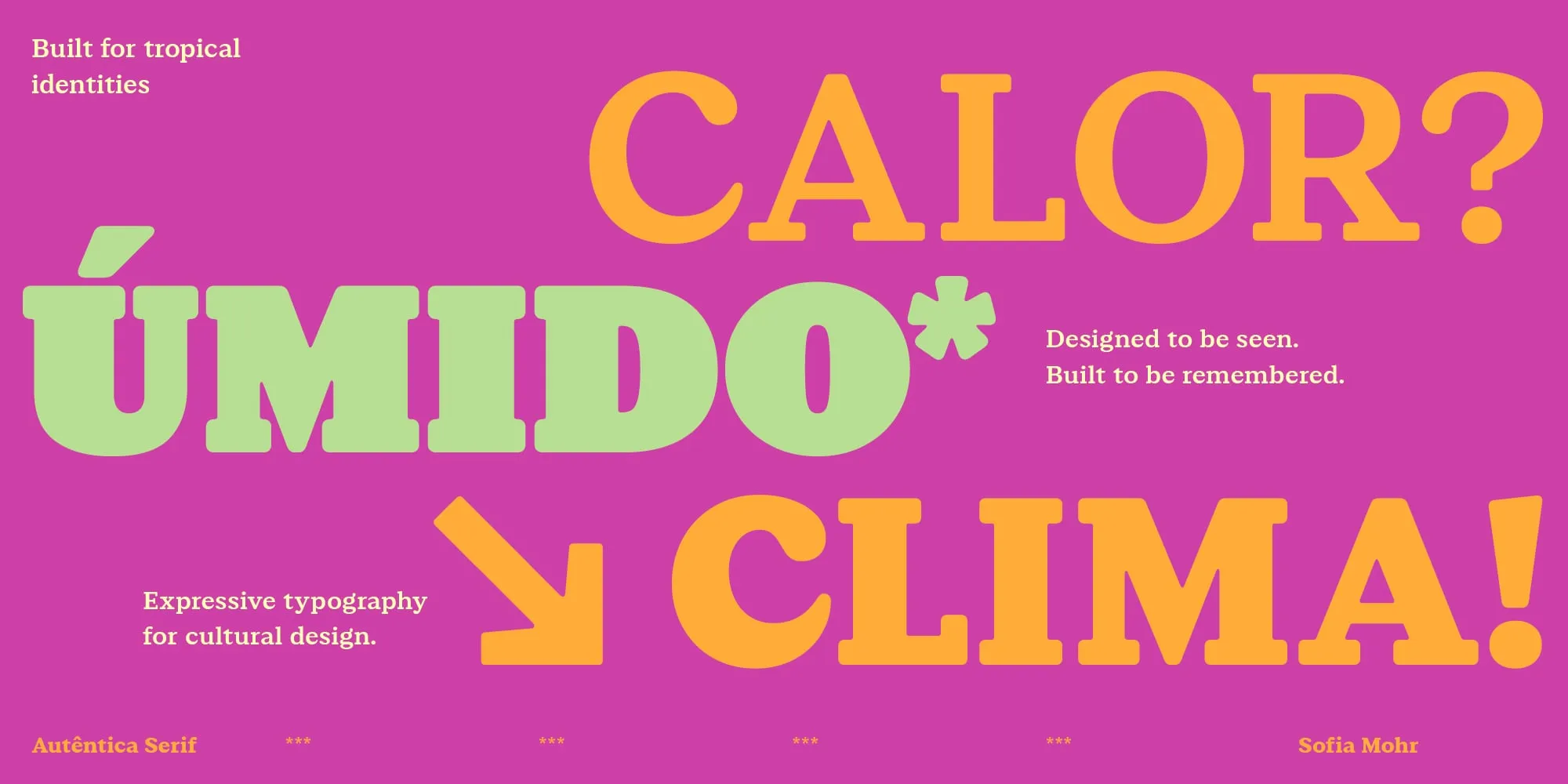 Las palabras «Calor», «Úmido» y «Clima» en mayúsculas naranjas y verdes sobre un fondo magenta
