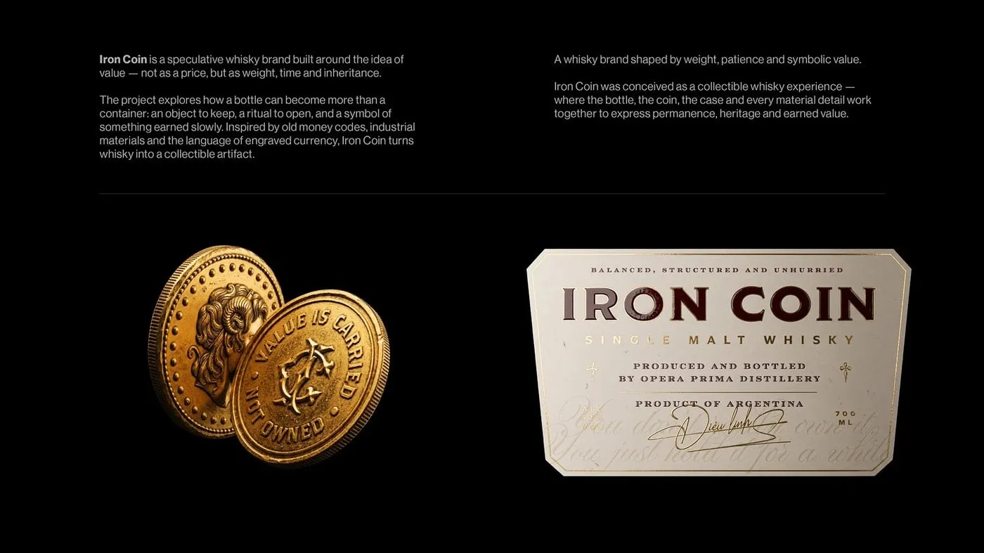 Una moneda dorada con un perfil con cuernos y, a su lado, una etiqueta crema con el logotipo Iron Coin en granate