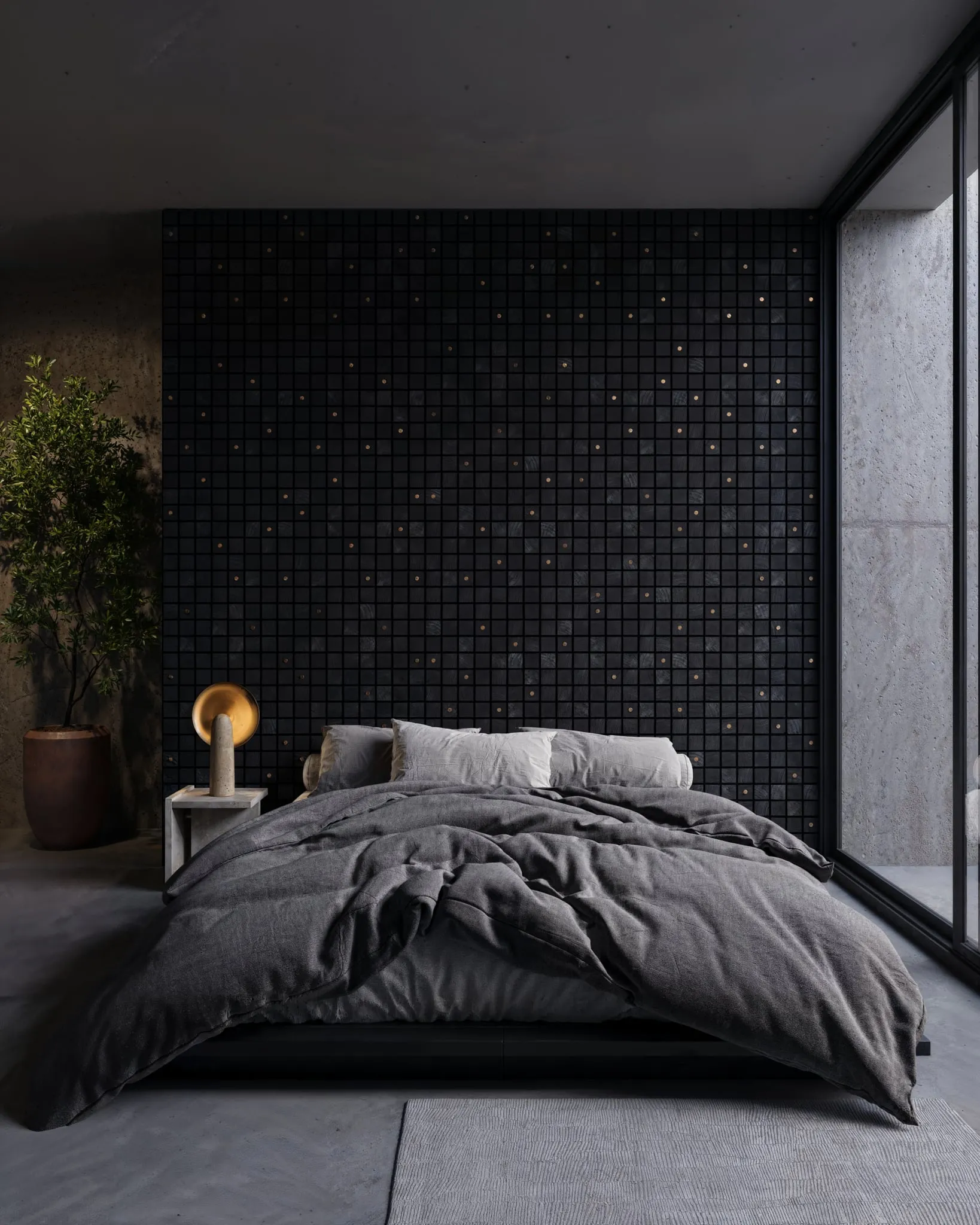 Dormitorio con una pared de cuadrados negros salpicada de puntos de cobre detrás de la cama