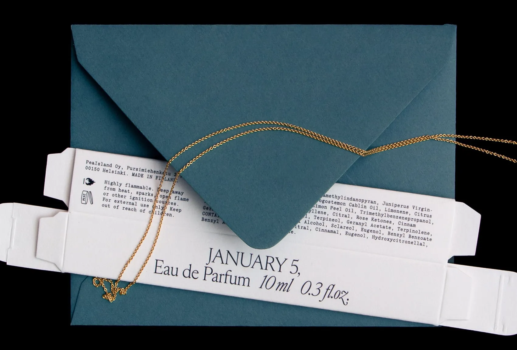 Sobre azul verdoso con una cadena dorada encima y, al lado, la caja desplegada de January 5 con el texto legal en letra de máquina de escribir