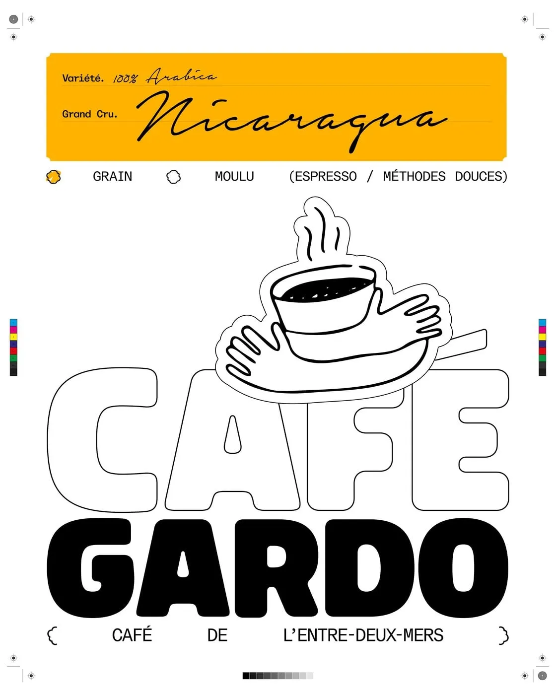 Etiqueta de Café Gardo con cabecera amarilla y la palabra Nicaragua escrita a mano
