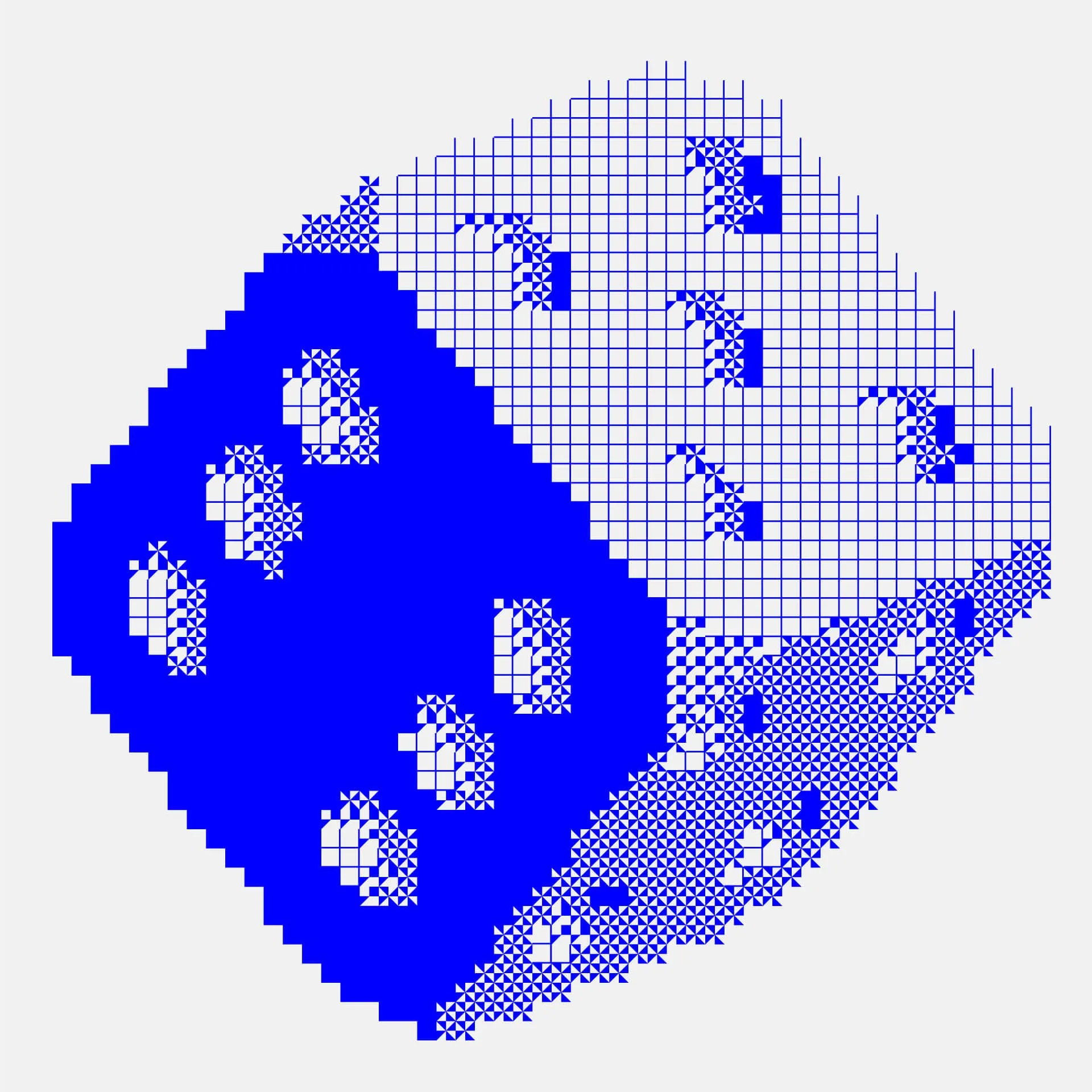 Ilustración de un dado en azul compuesto por píxeles y glifos de código —— sobre un fondo blanco
