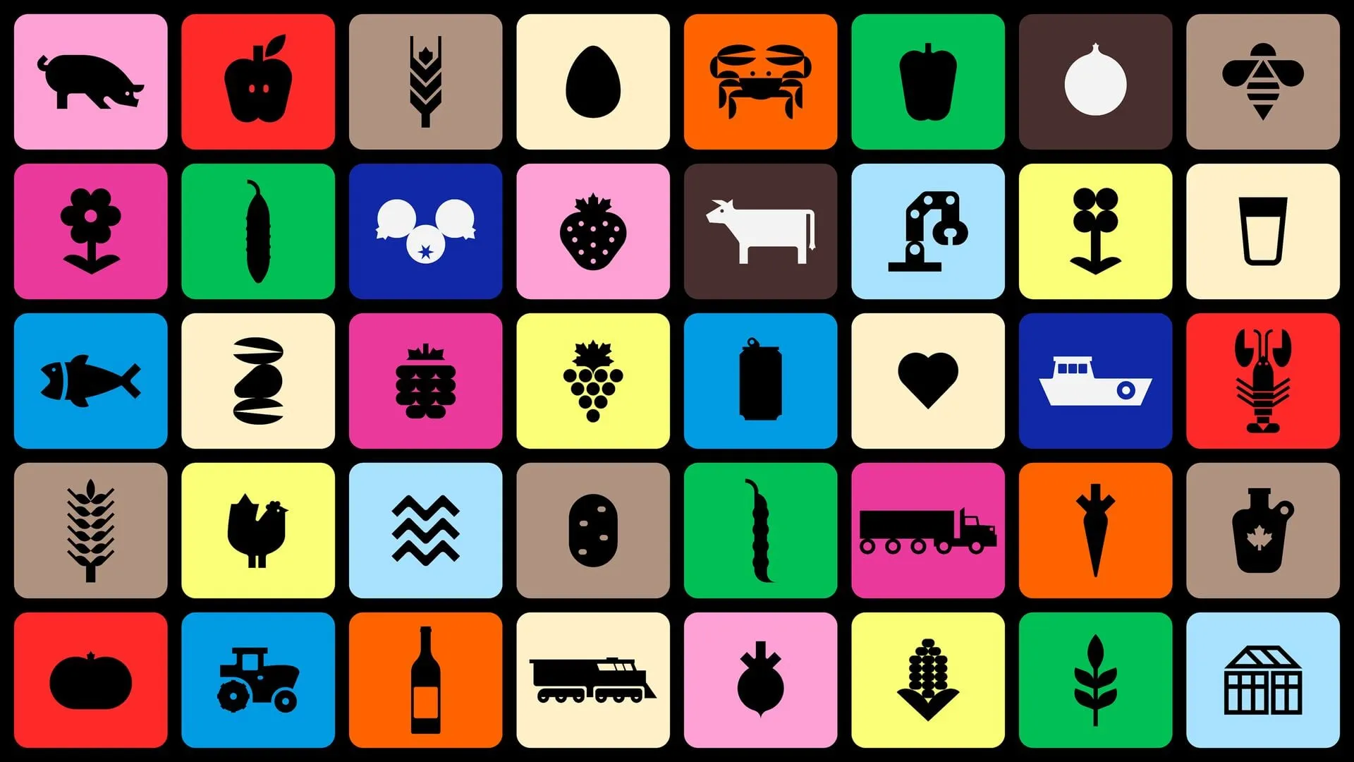 Cuadrícula de más de 35 iconos negros, como un cerdo, un cangrejo, una langosta, un tractor y un tren, cada uno sobre un cuadrado de color distinto