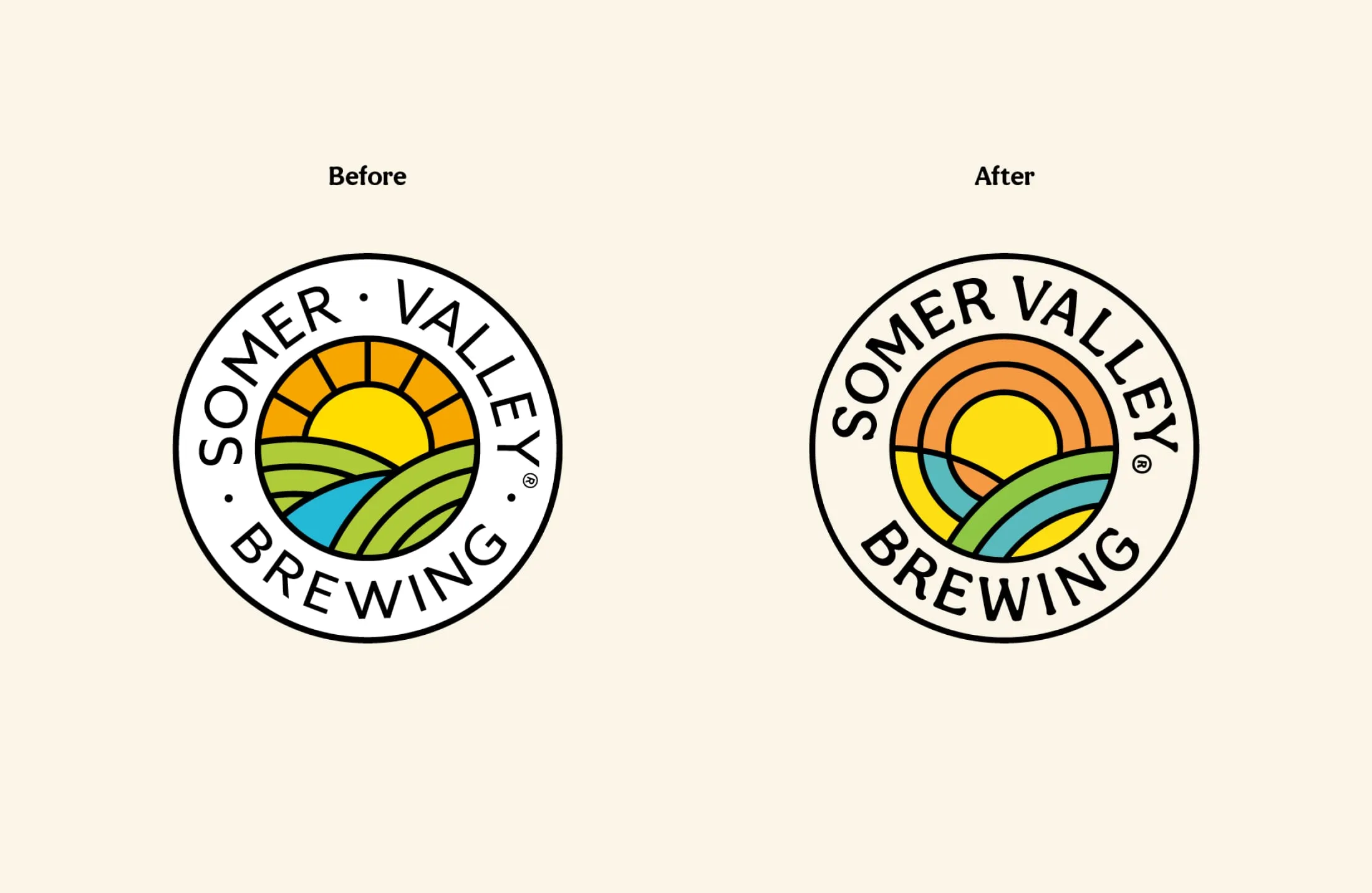 Comparación del logo antes y después: dos círculos con el nombre Somer Valley Brewing y un sol sobre campos; el nuevo usa bandas abstractas