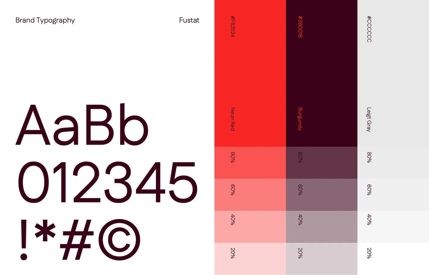 Muestra de la tipografía Fustat y la paleta de rojo, burdeos y gris con sus escalas de tono