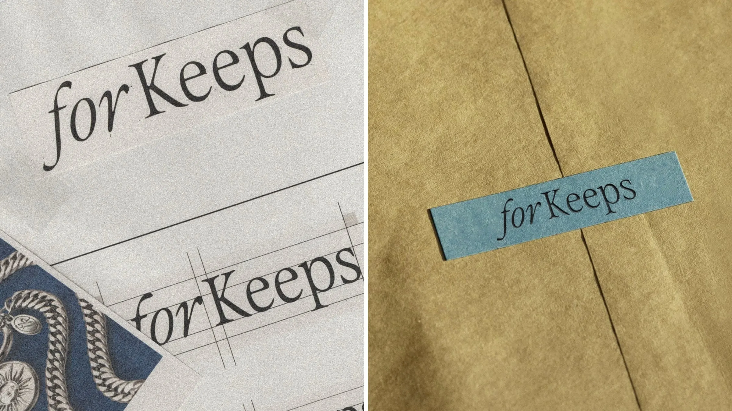 Dos primeros planos del logotipo: impreso en negro sobre papel con guías de dibujo y en negro sobre una etiqueta azul pegada a un sobre de papel verde oliva