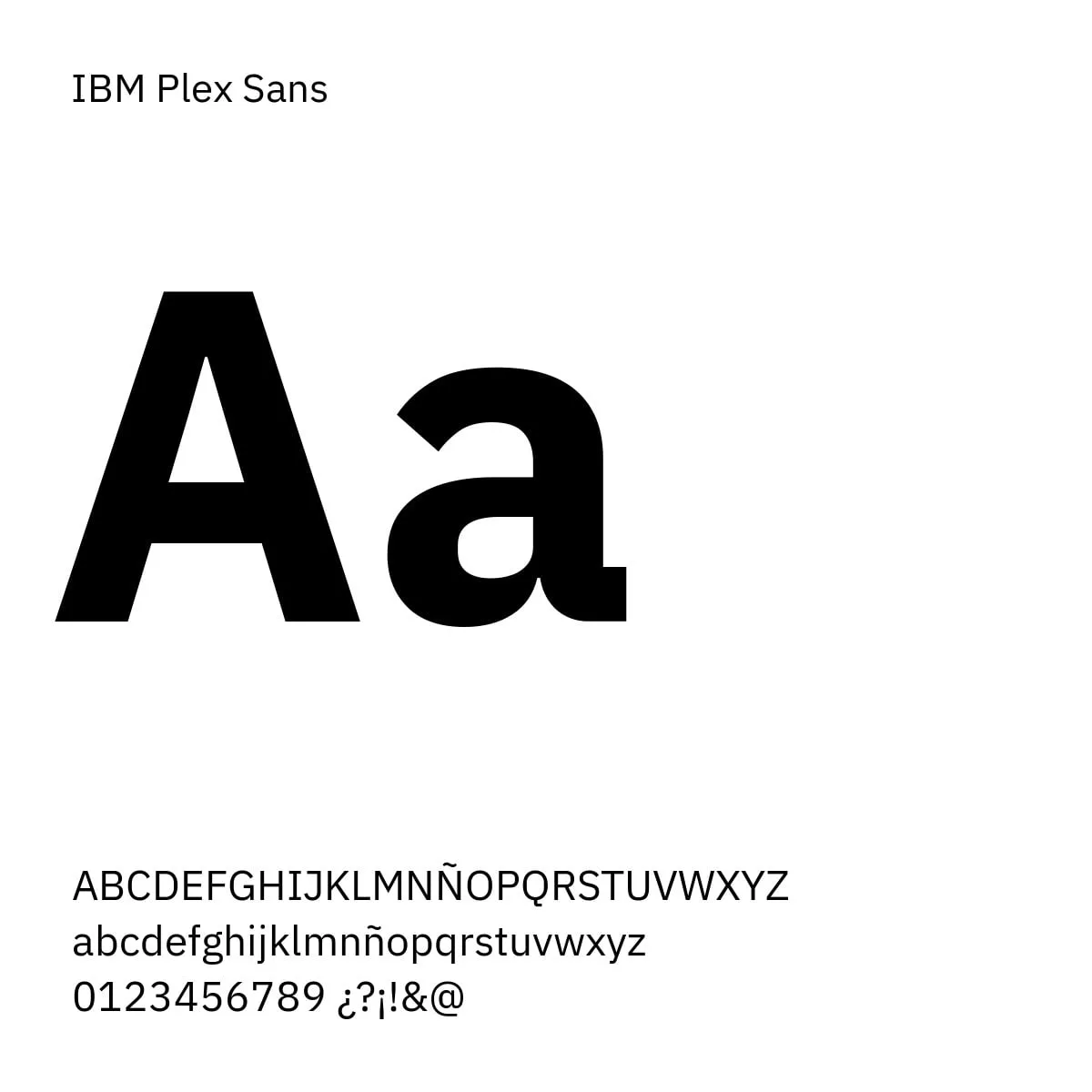 Muestra de la tipografía IBM Plex Sans: «Aa» grande en negro y el abecedario debajo