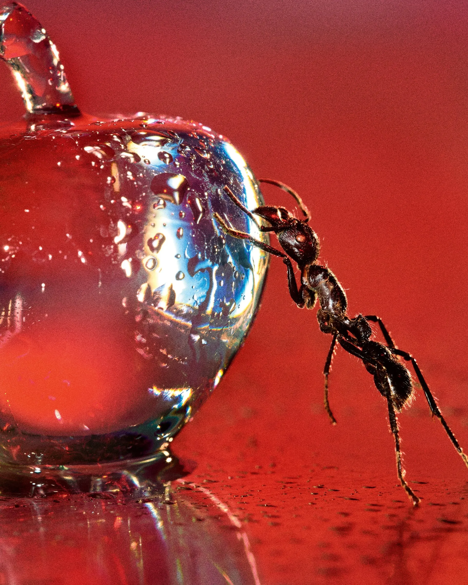 Una hormiga negra apoyada en una manzana de cristal con gotas de agua, sobre un fondo rojo