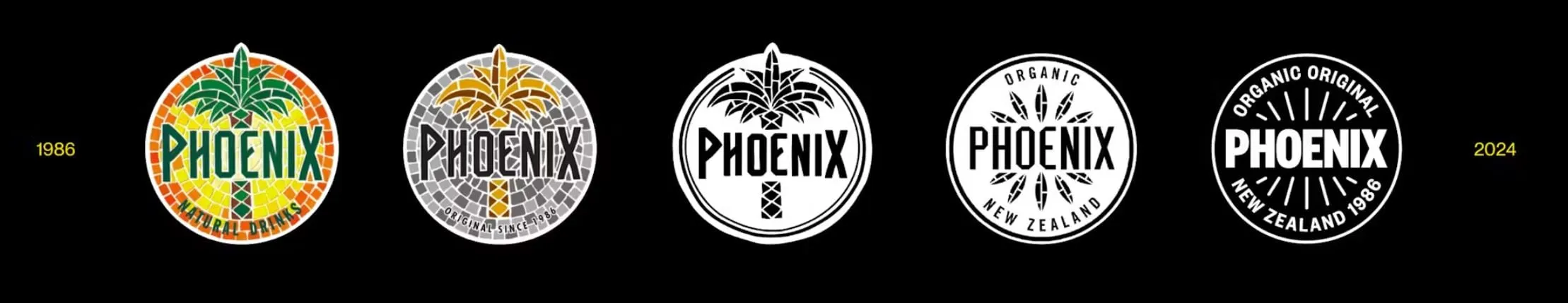 Evolución del logotipo de Phoenix de 1986 a 2024: de un mosaico de colores con una palmera a sellos circulares en blanco y negro cada vez más sencillos