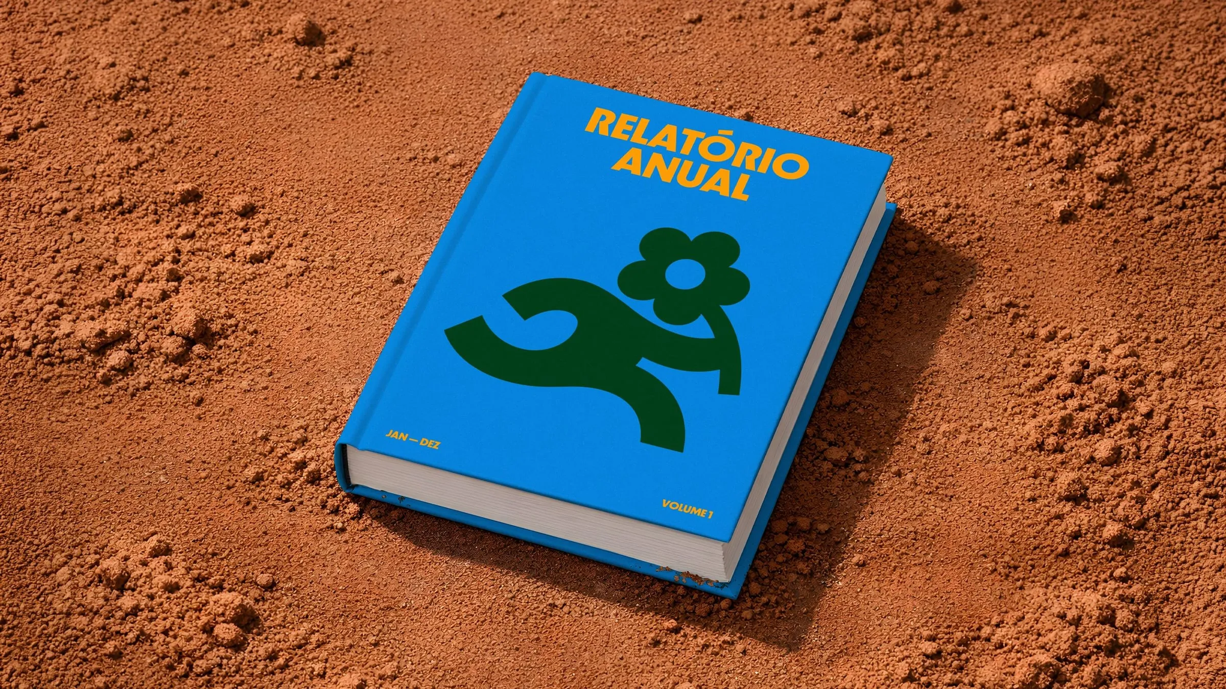Libro azul de tapa dura titulado «Relatório anual», con el niño del logo en verde, sobre tierra roja