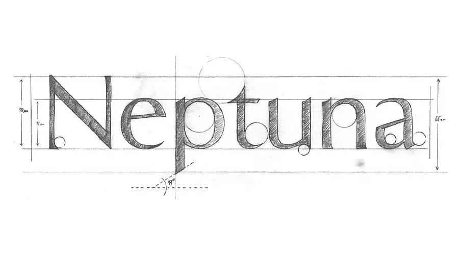 Boceto a lápiz de la palabra Neptuna, con líneas de construcción y anotaciones de medidas
