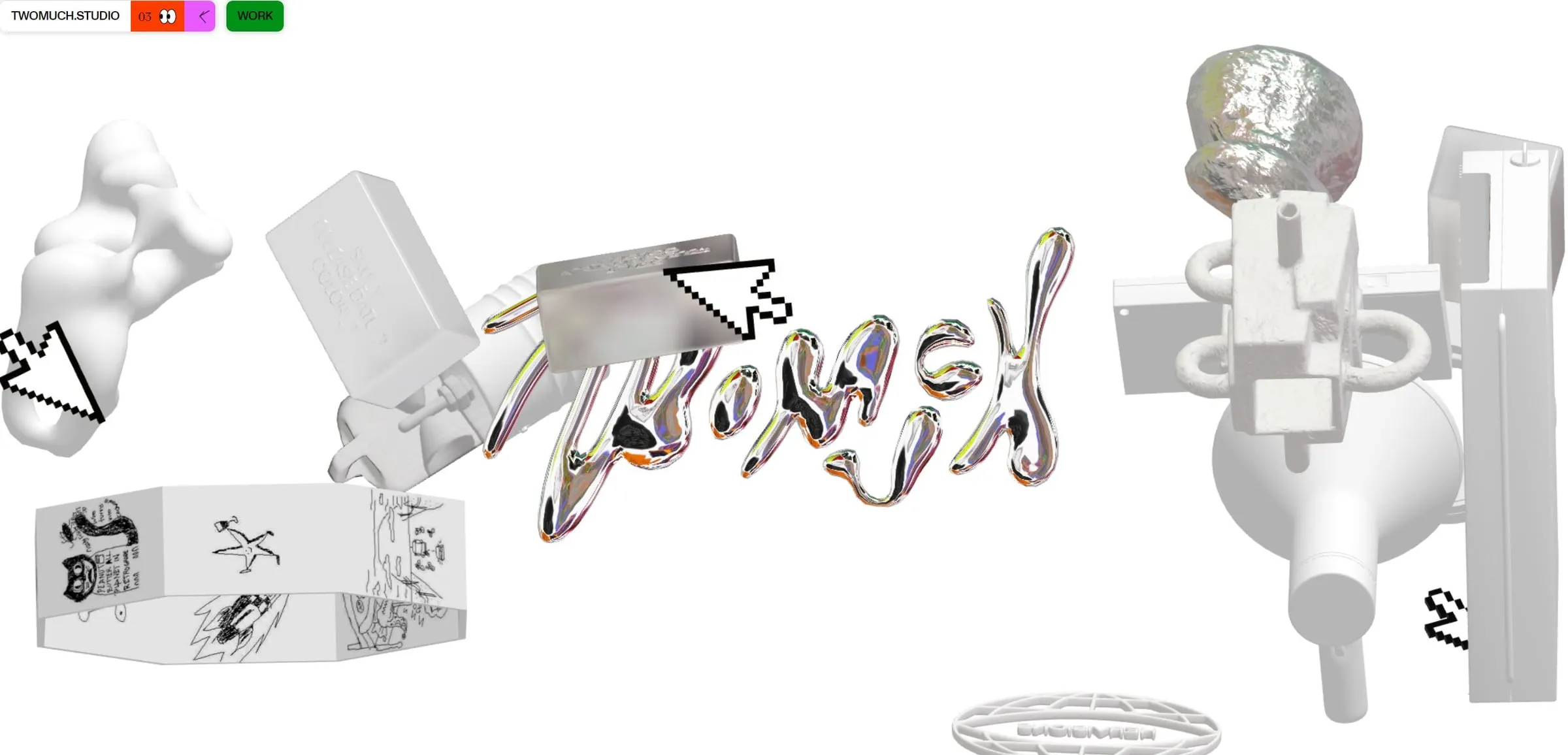 Web del estudio Twomuch con objetos en 3D blancos flotando, cursores pixelados y el nombre del estudio en letras cromadas y derretidas