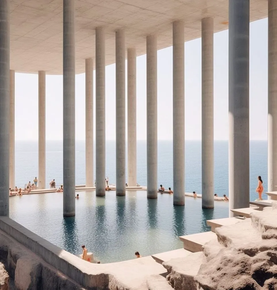 Piscina cubierta por una gran losa de hormigón sostenida por columnas altas y finas, abierta al mar, con bañistas en el agua y en las escaleras de piedra