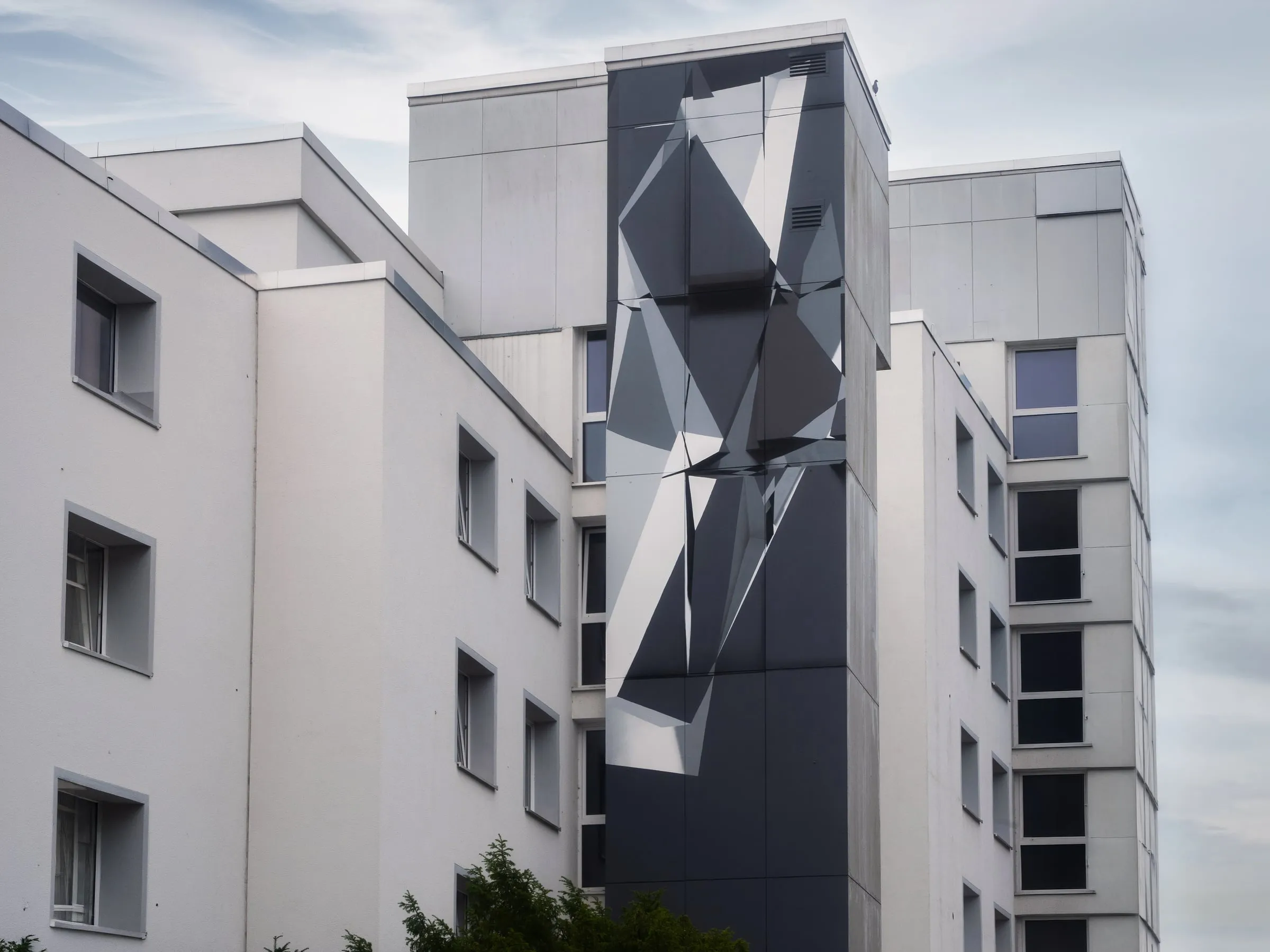 Edificio blanco de varias plantas con una torre oscura cubierta de planos grises y blancos que se cruzan