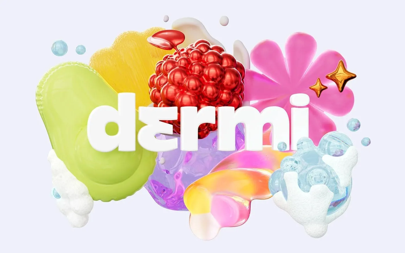 Logotipo de Dermi en blanco rodeado de un racimo de frutos rojos, flores y formas de gel en 3D