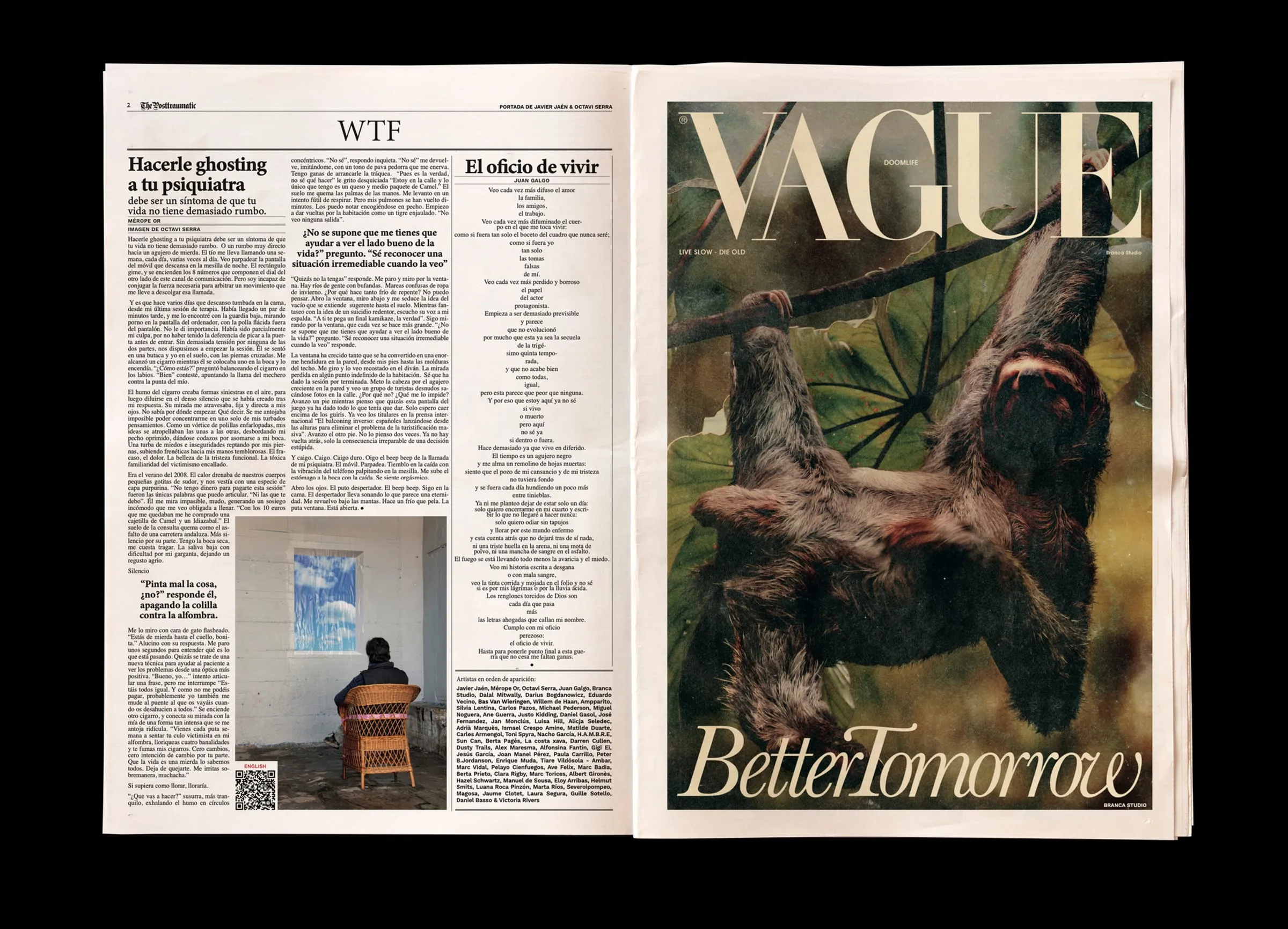 Doble página de The Posttraumatic: a la izquierda, textos en columnas con la foto de una persona sentada frente a una ventana pintada en la pared; a la derecha, una parodia de la revista Vogue titulada «Vague», con un perezoso colgado de una rama