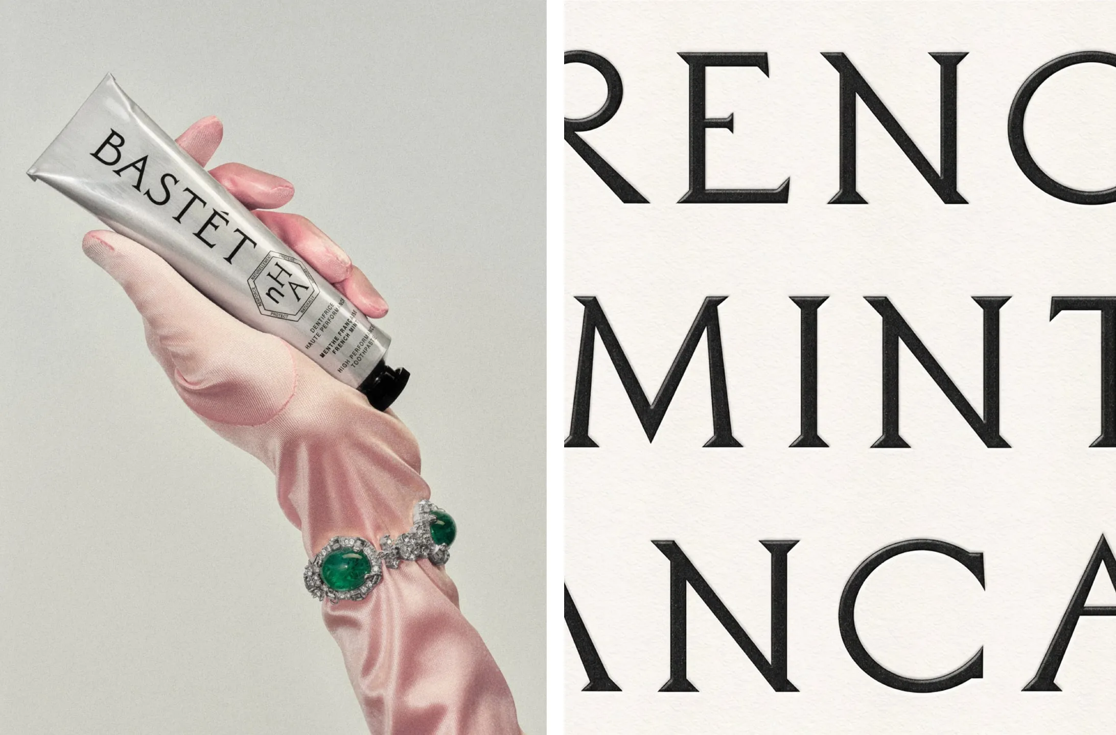 A la izquierda una mano con guante de satén rosa y una pulsera de esmeraldas sostiene el tubo de Bastét; a la derecha un primer plano de las letras serif de la palabra Menthe Française