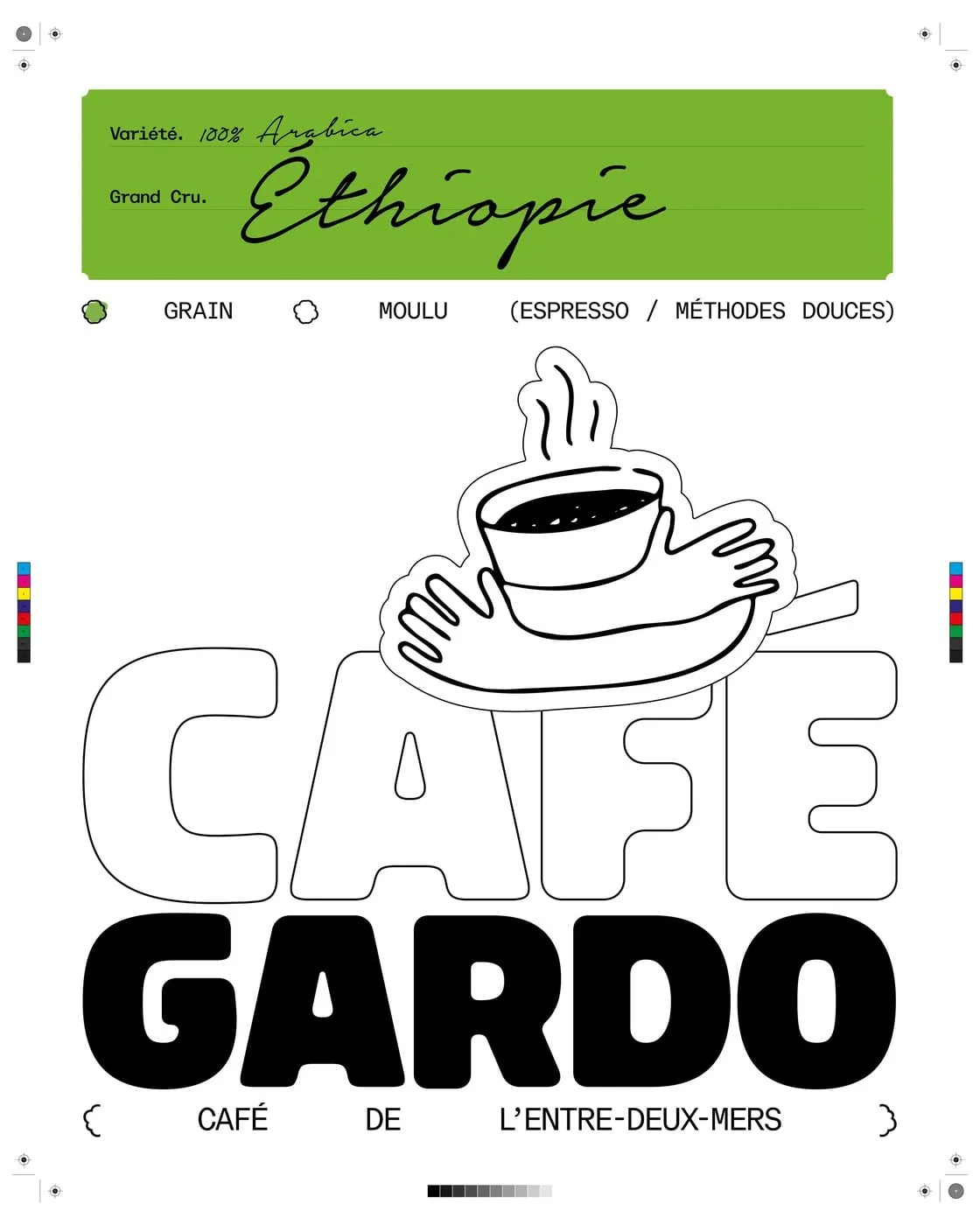 Etiqueta de Café Gardo con cabecera verde y la palabra Etiopía escrita a mano
