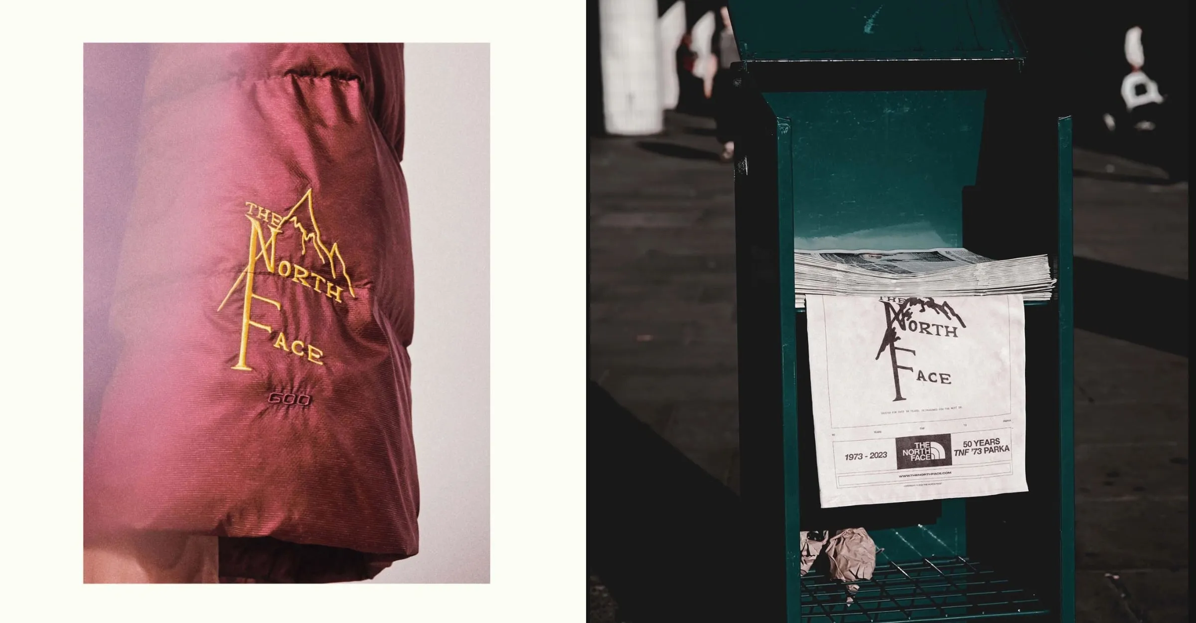 Dos imágenes de la campaña: el logotipo antiguo de The North Face bordado en amarillo en la manga de una parka granate, y un expositor de periódicos en la calle con el fanzine colgado