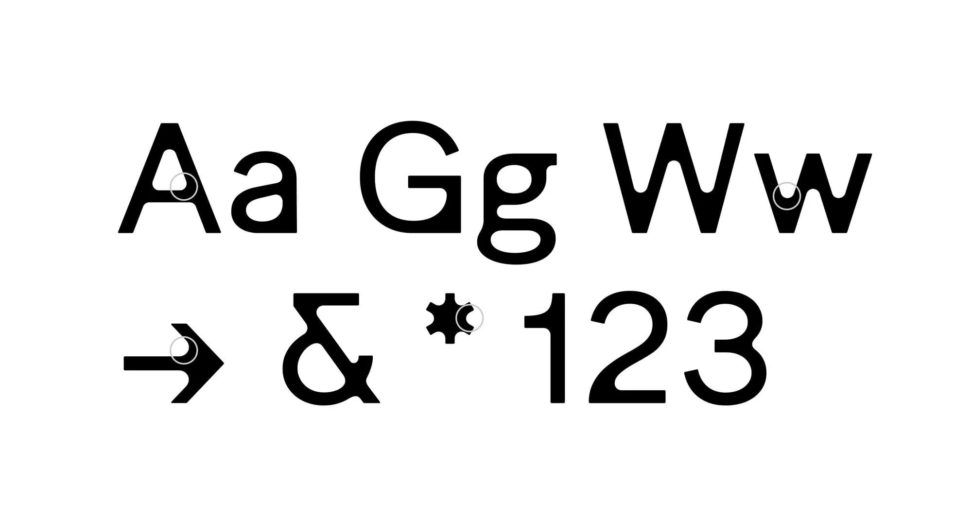 Muestra de la tipografía Ease con las letras A, G y W en mayúscula y minúscula, una flecha, un et y los números 1, 2 y 3