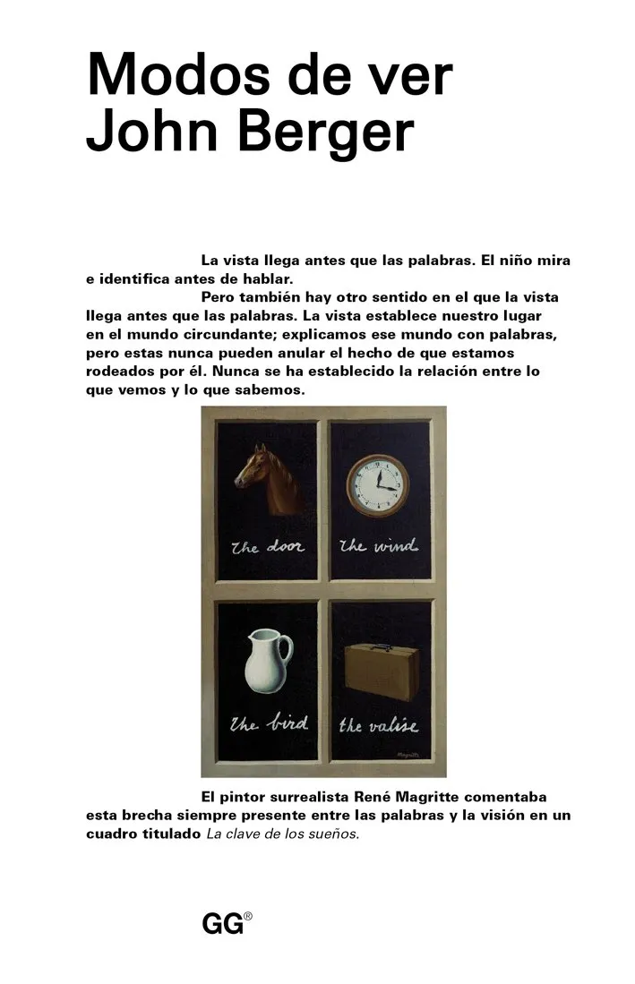 Cubierta de Modos de ver con el título en negro, un párrafo de texto y el cuadro de Magritte con cuatro ventanas