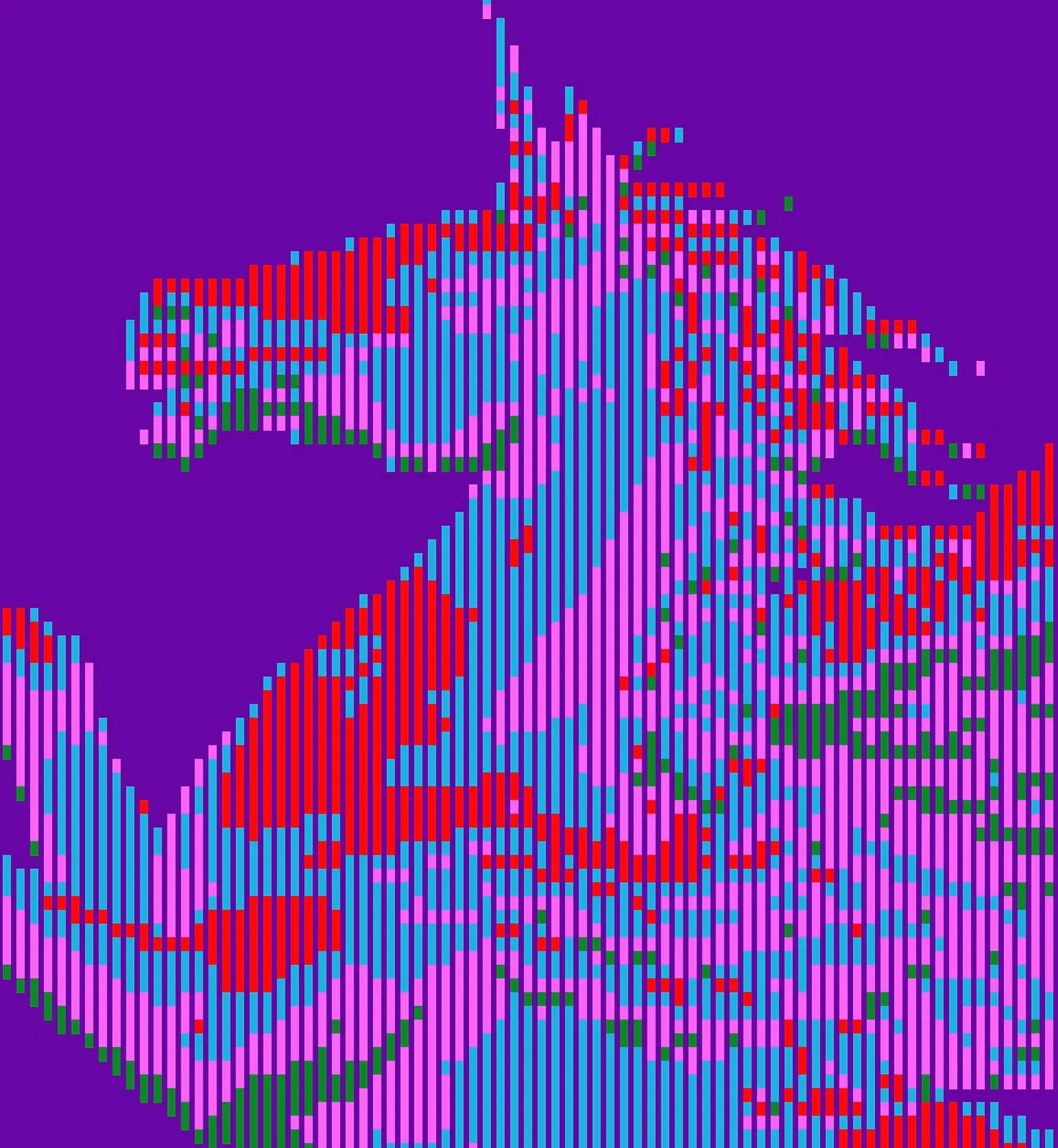 Ilustración de un caballo en tonos azules y rojos compuesto por píxeles y glifos de código sobre un fondo morado