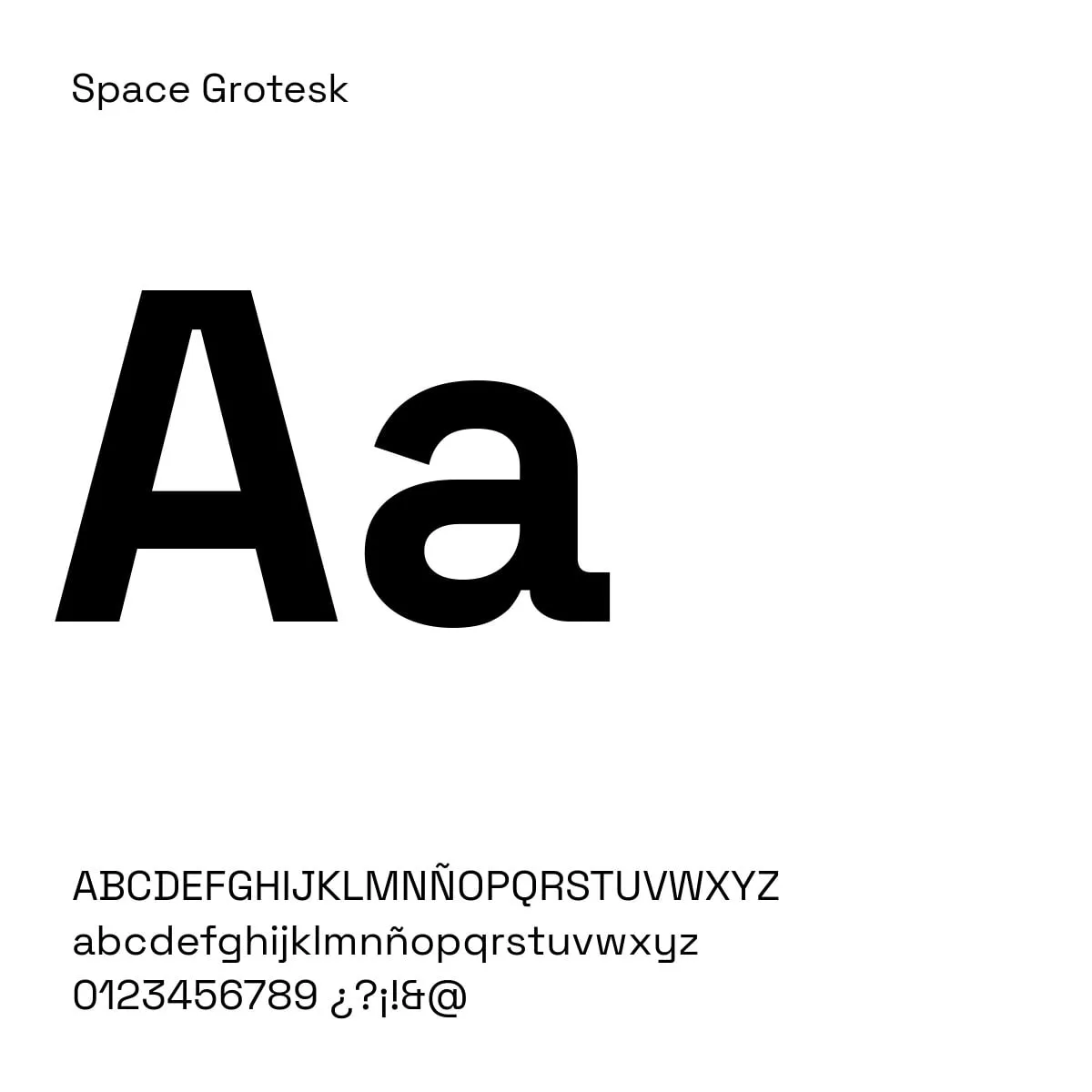 Muestra de la tipografía Space Grotesk: «Aa» grande en negro y el abecedario debajo