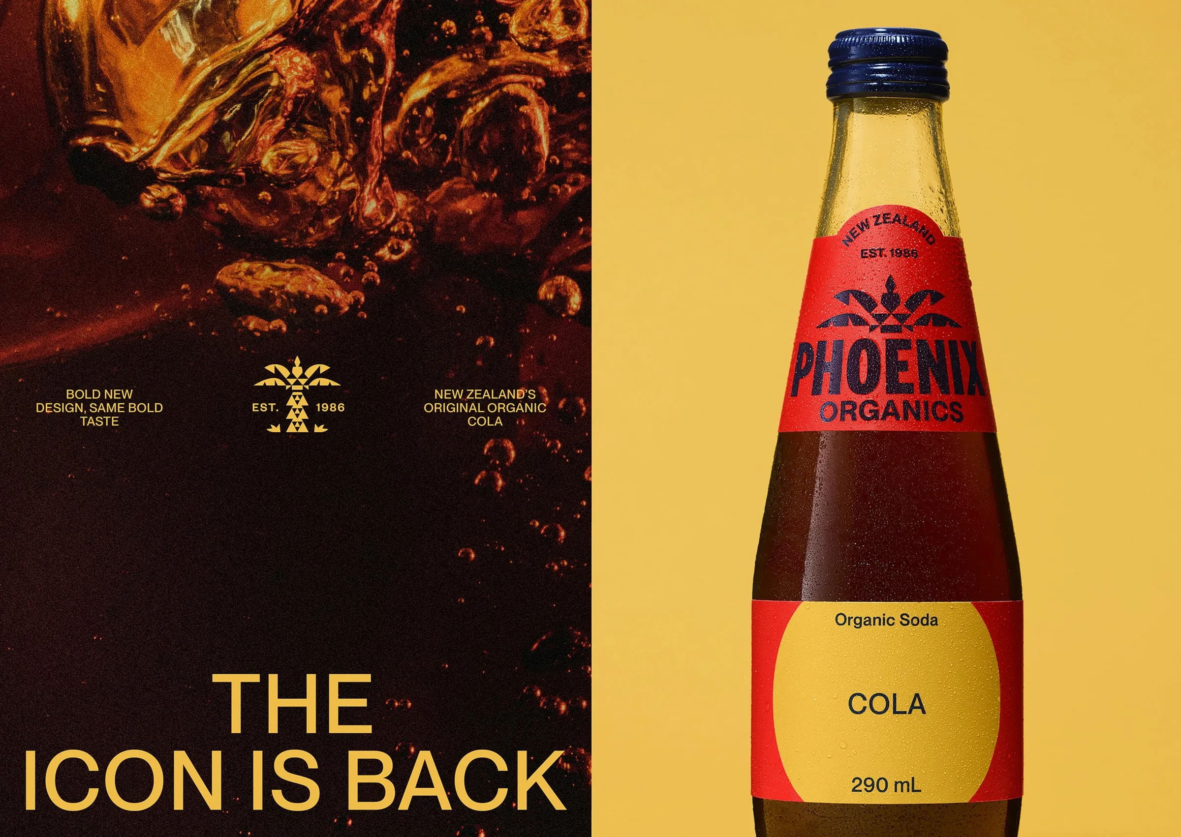 Cartel con burbujas de refresco de cola y el lema «The icon is back» junto a una botella de Phoenix Organics Cola con etiqueta roja sobre fondo mostaza