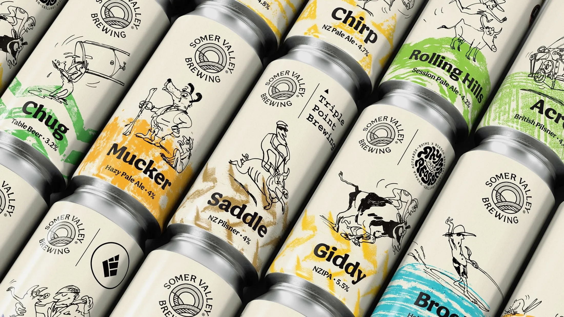 Latas de colores tumbadas en diagonal con dibujos de animales y los nombres Chirp, Rolling Hills, Mucker, Saddle y Giddy