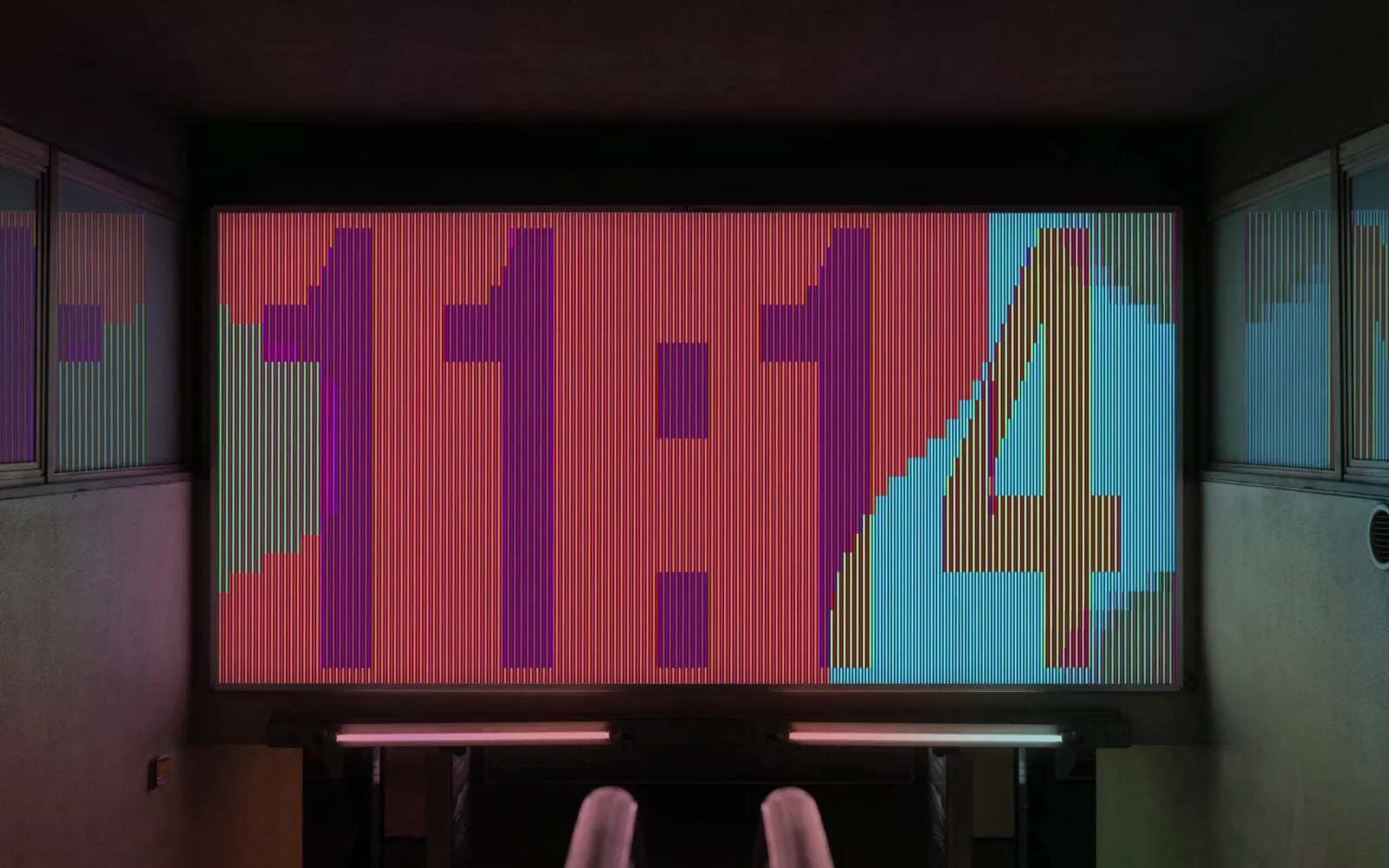 Pantalla grande con franjas verticales de rojo, verde y azul que forman la hora 11:14