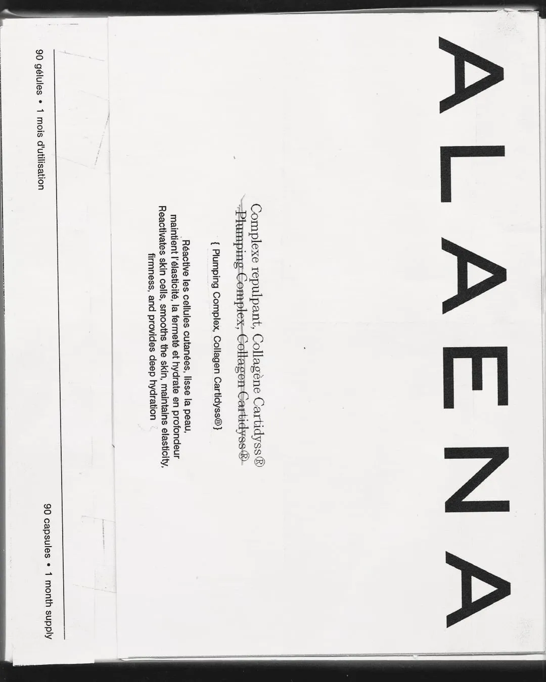 Cartel con una cápsula transparente sujeta entre dos dedos y el texto «Alaena, cosmétologie du vivant»