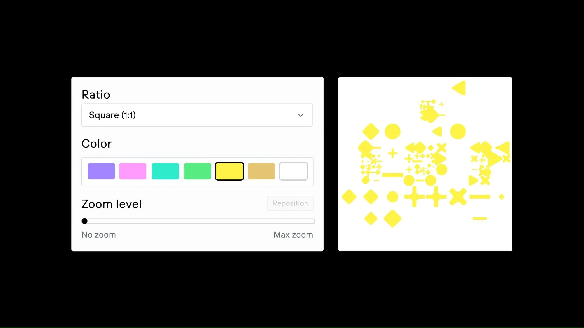 Panel de la herramienta con el formato cuadrado, siete muestras de color con el amarillo elegido y un patrón amarillo de rombos y círculos
