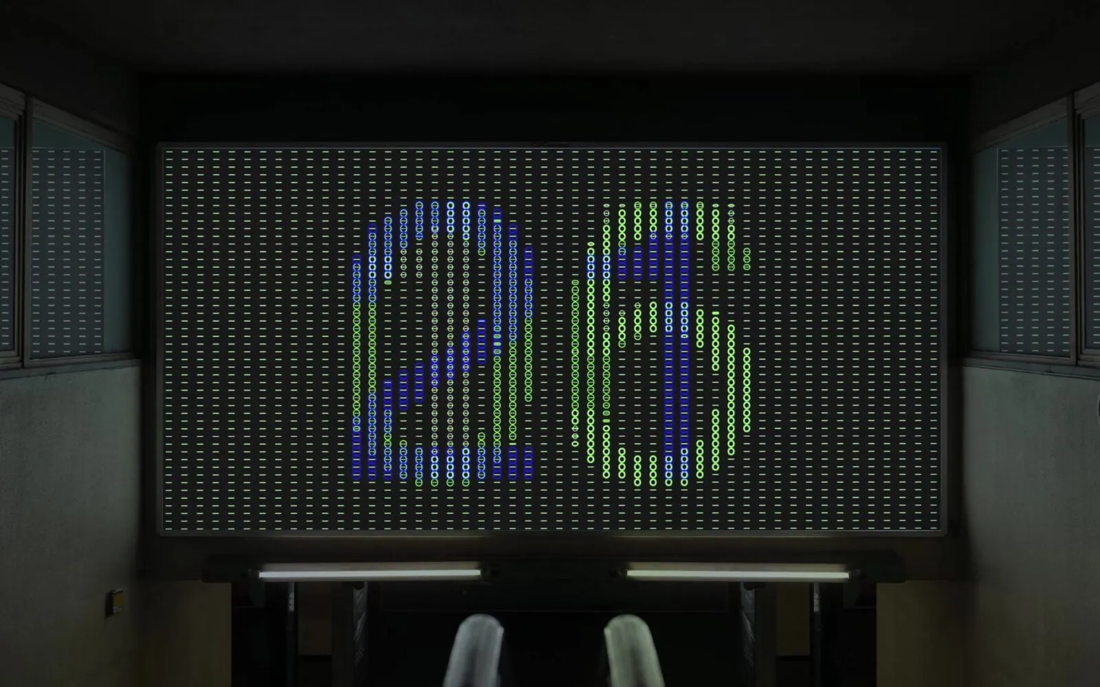 Pantalla con una cuadrícula de rayas verdes y círculos azules y verdes que forman las cifras 23