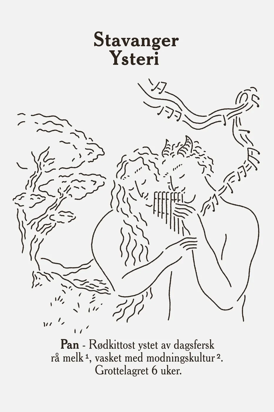 Ilustración en línea negra sobre fondo claro de Pan tocando la flauta junto a otra figura, con el texto «Stavanger Ysteri» arriba y la descripción del queso abajo