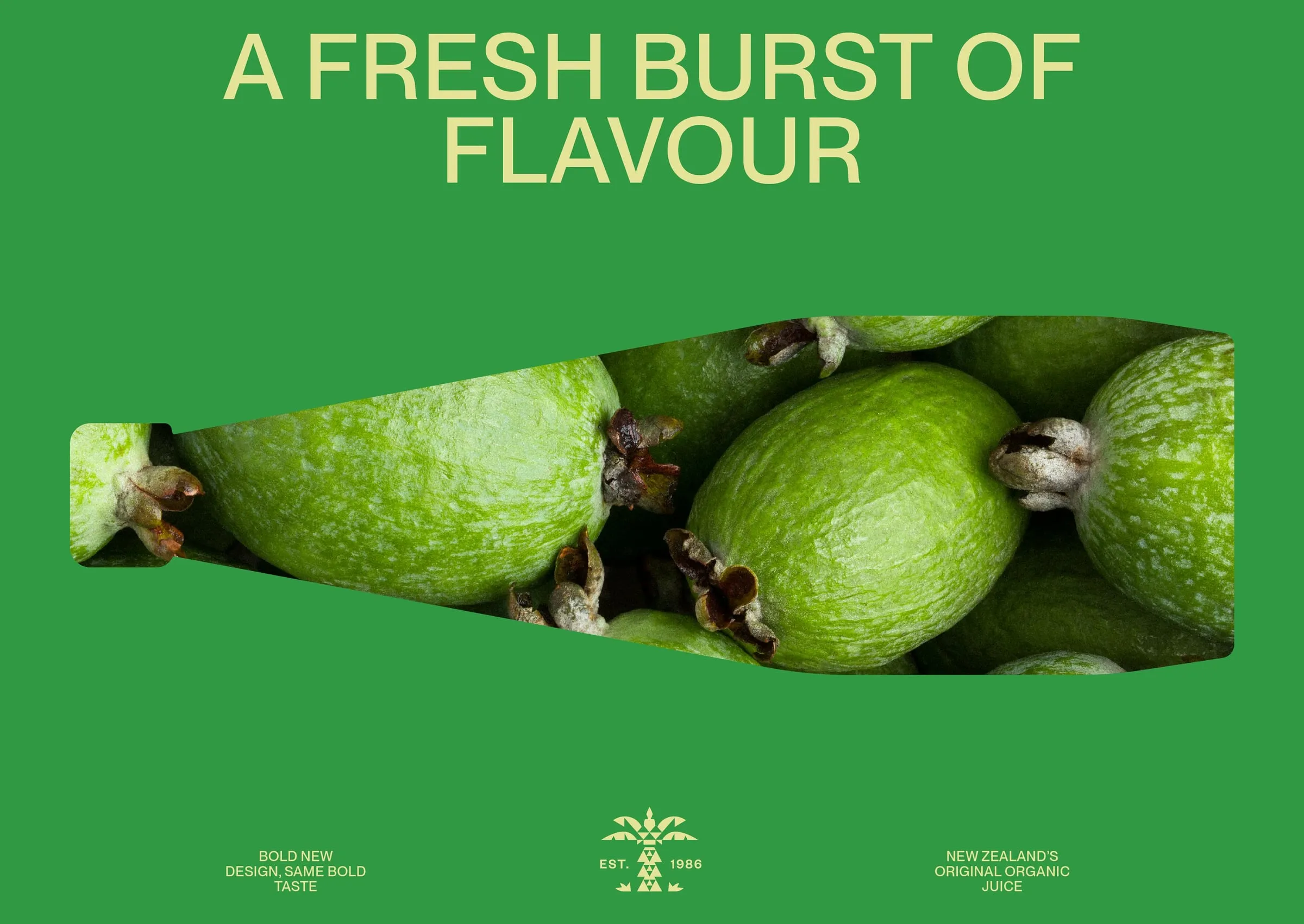Cartel verde con el lema «A fresh burst of flavour» y la silueta de una botella tumbada rellena con una foto de feijoas