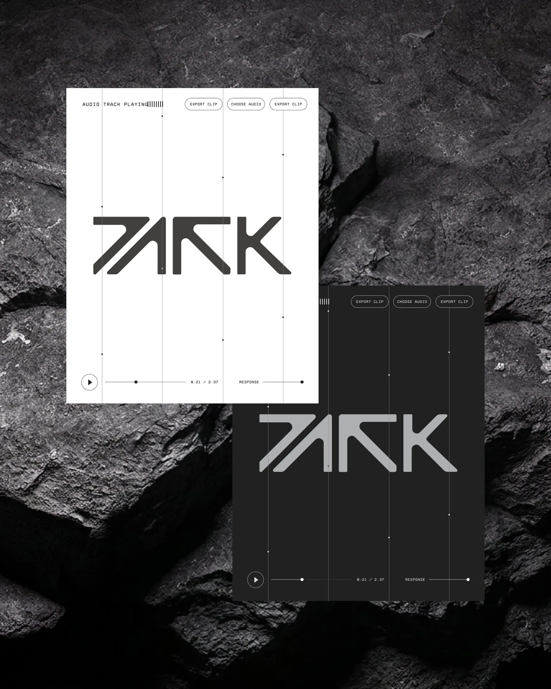 Dos capturas de la herramienta de PARK, en blanco y en negro, con un reproductor de audio y el logotipo generándose en tiempo real